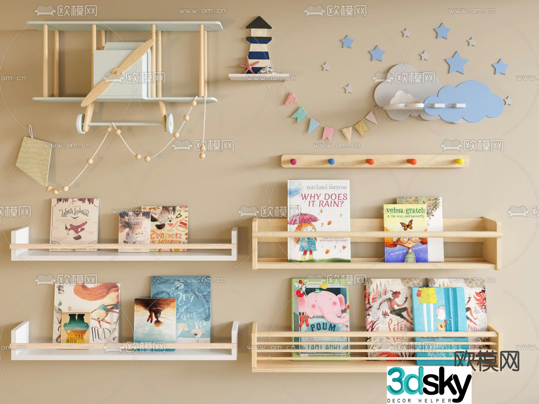 Children’s wall cabinet wall-mounted bookshelf storage rack cartoon wall decoration 3D model