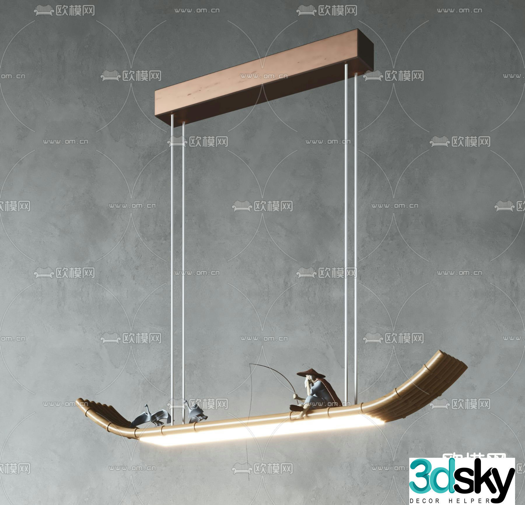 New Chinese style bamboo raft chandelier Fisherman art chandelier Zen chandelier 3D model