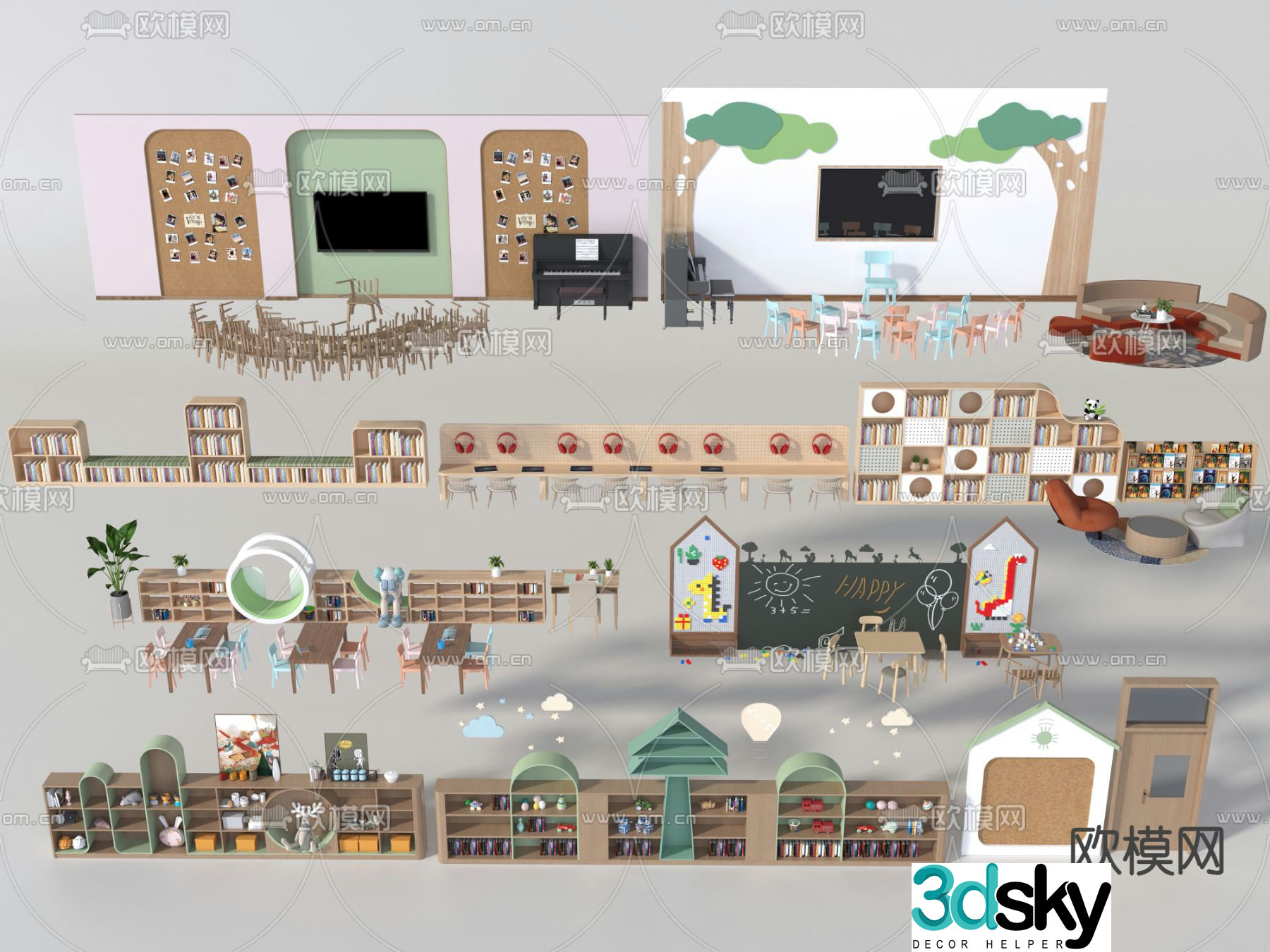 Kindergarten desks children’s tables and chairs TV wall modeling wall 3D model