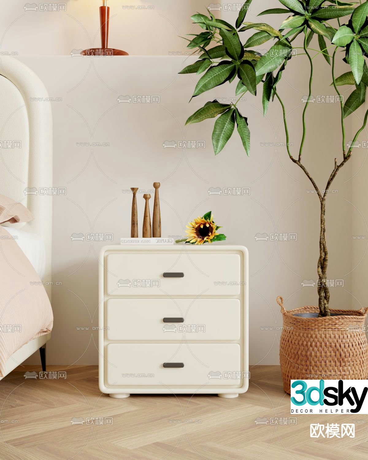 Cream style bedside table chest 3d model