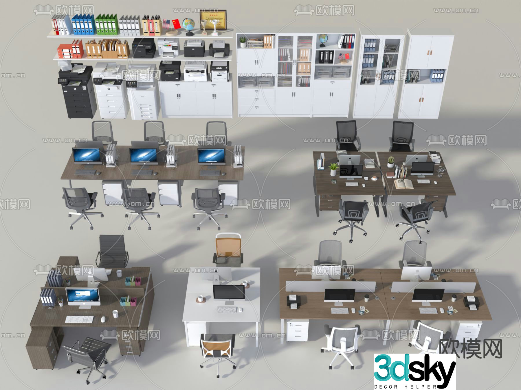 Card space desk staff table office desk and chair filing cabinet printer 3D model