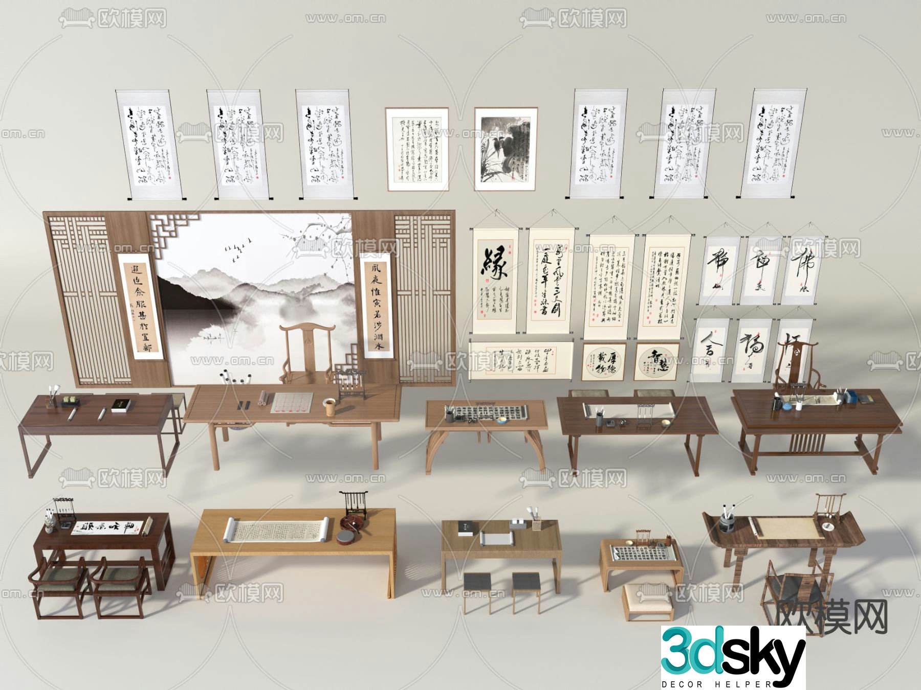 Chinese desk calligraphy table and chairs scroll painting calligraphy and painting 3D model