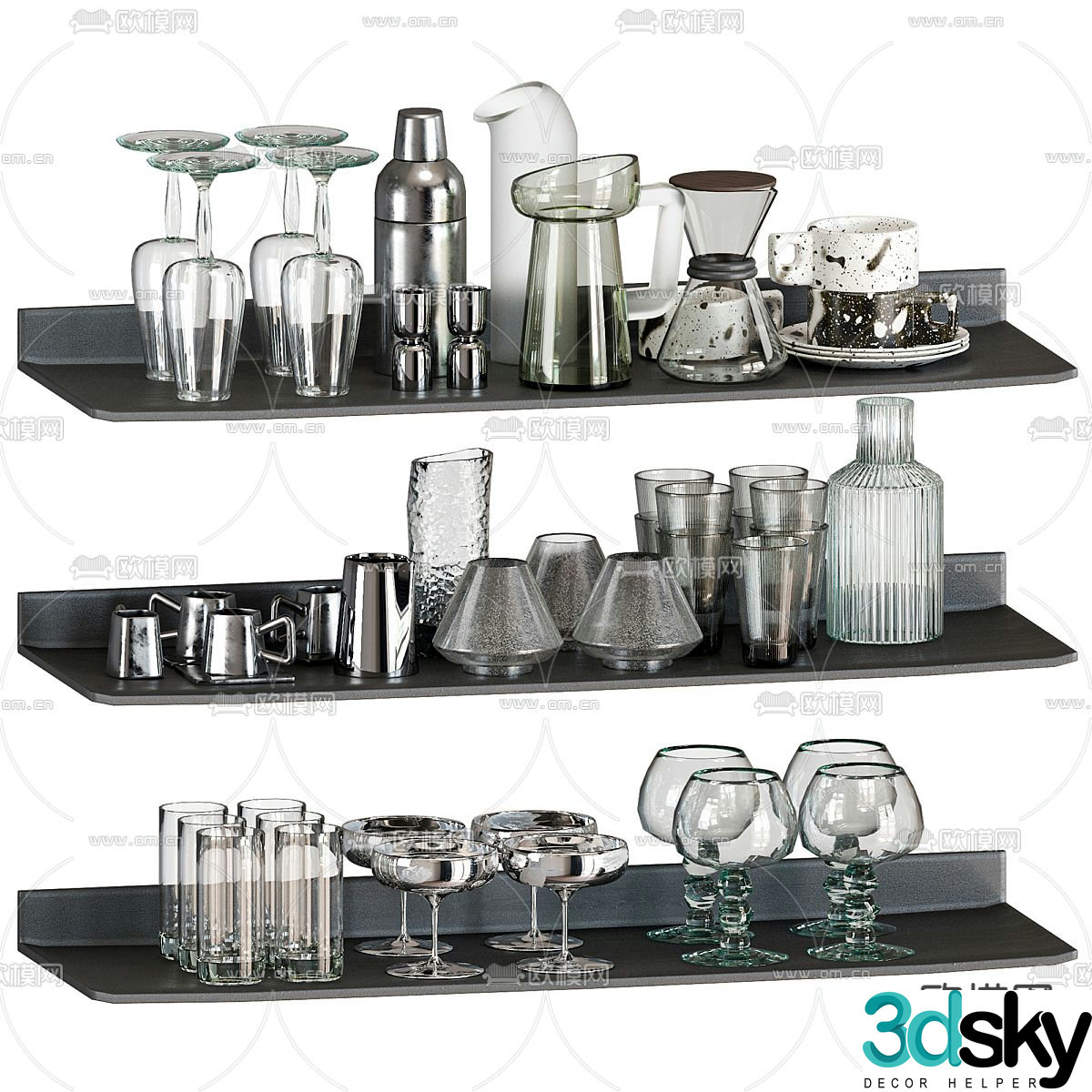 Glass cup utensils tea set 3d model