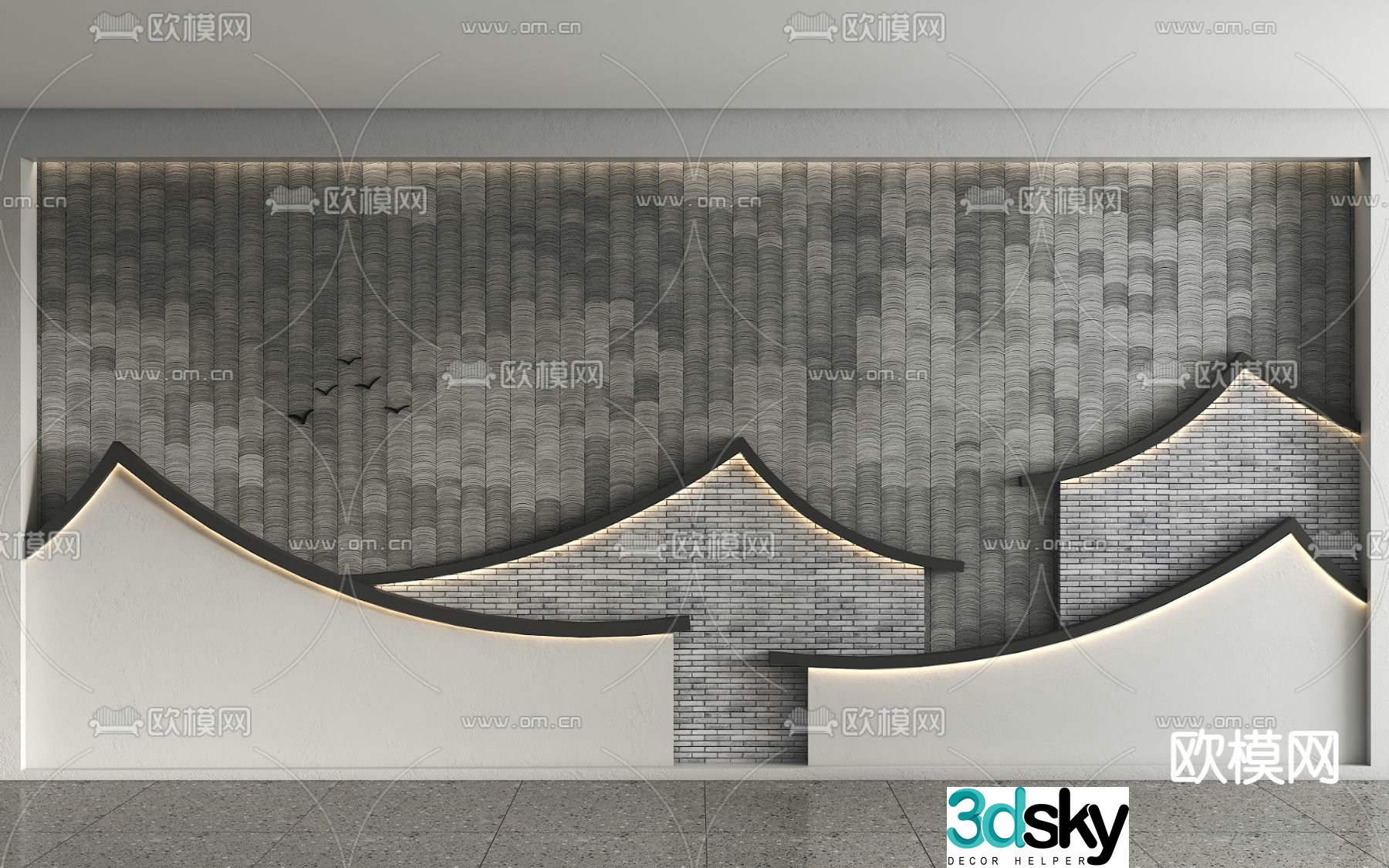 Chinese tile wall Jiangnan water town wall Hui style background wall 3d model