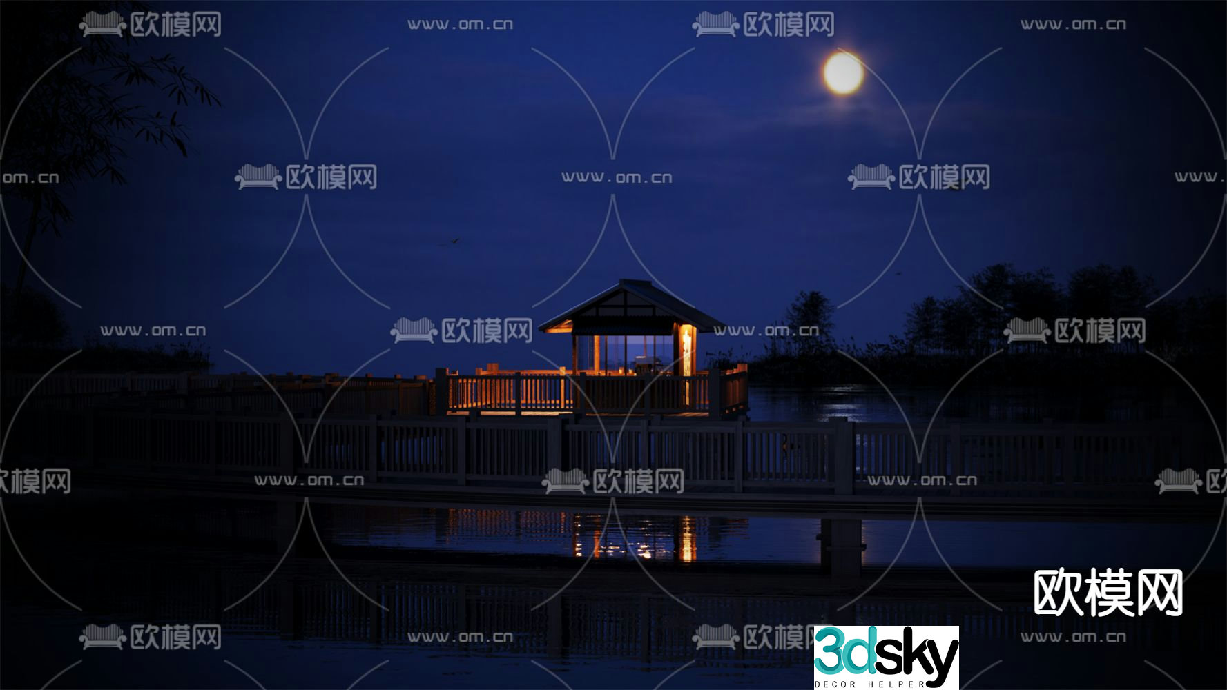 Chinese-style park pavilion rest pavilion night view 3D model