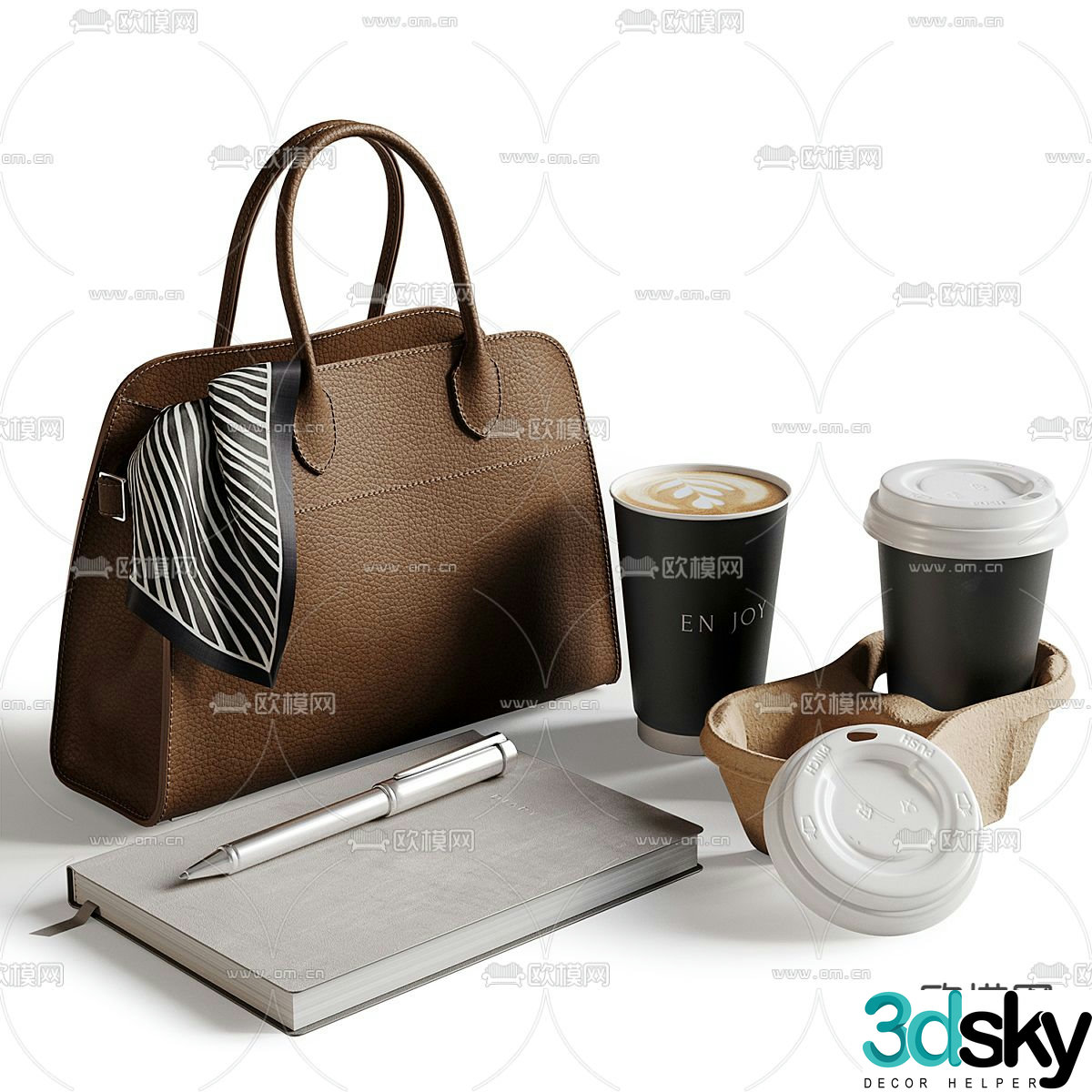 Office Supplies Desktop Decorations Leather Bag Coffee Notepad 3D Model