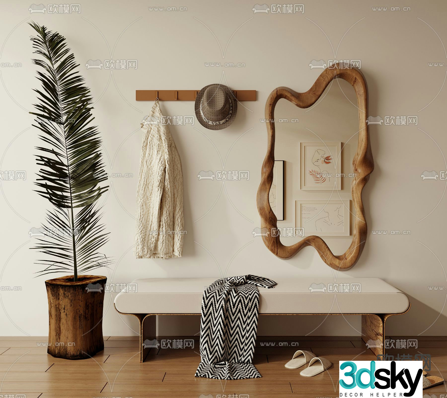 Wabi-sabi style bench shoe-changing bench full-length mirror clothes-hanging rail 3D model