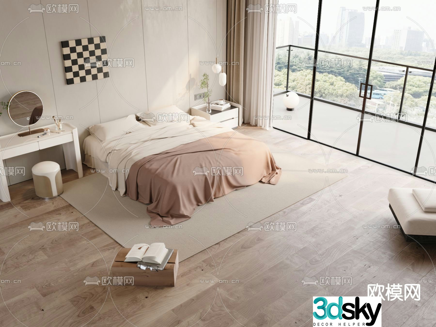 Cream style double bed dresser 3d model