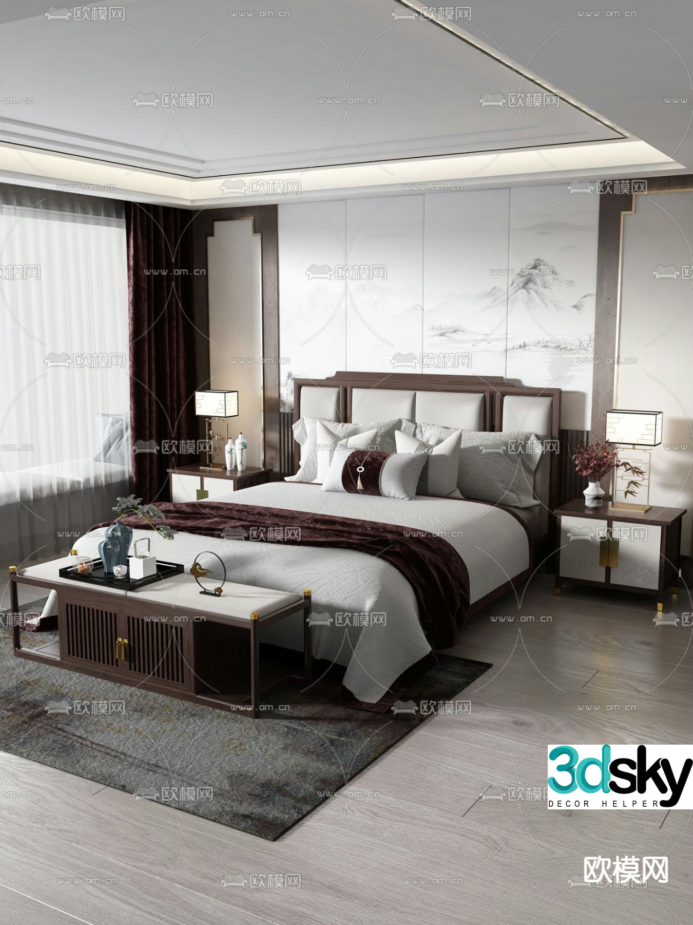 Chinese style bedroom double bed 3d model