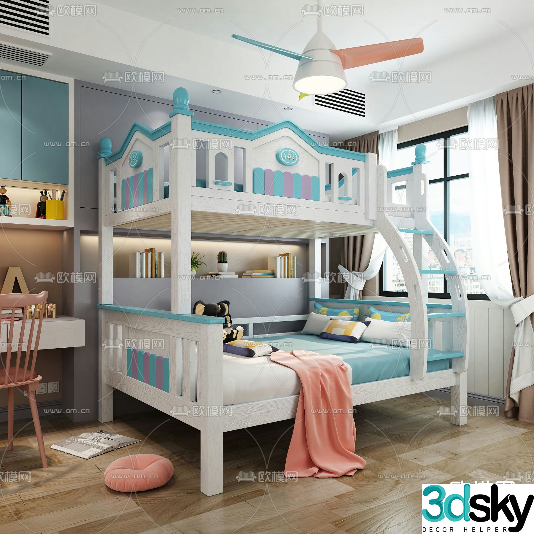 Double-decker children’s bed bunk beds high and low beds 3D model