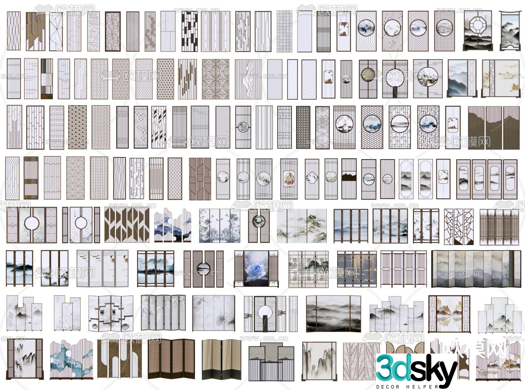 New Chinese-style screen partition flower window grille view wall 3D model
