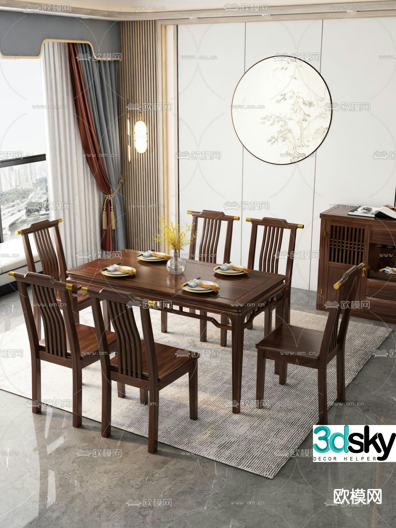 Chinese dining table and chairs mahogany dining table 3d model