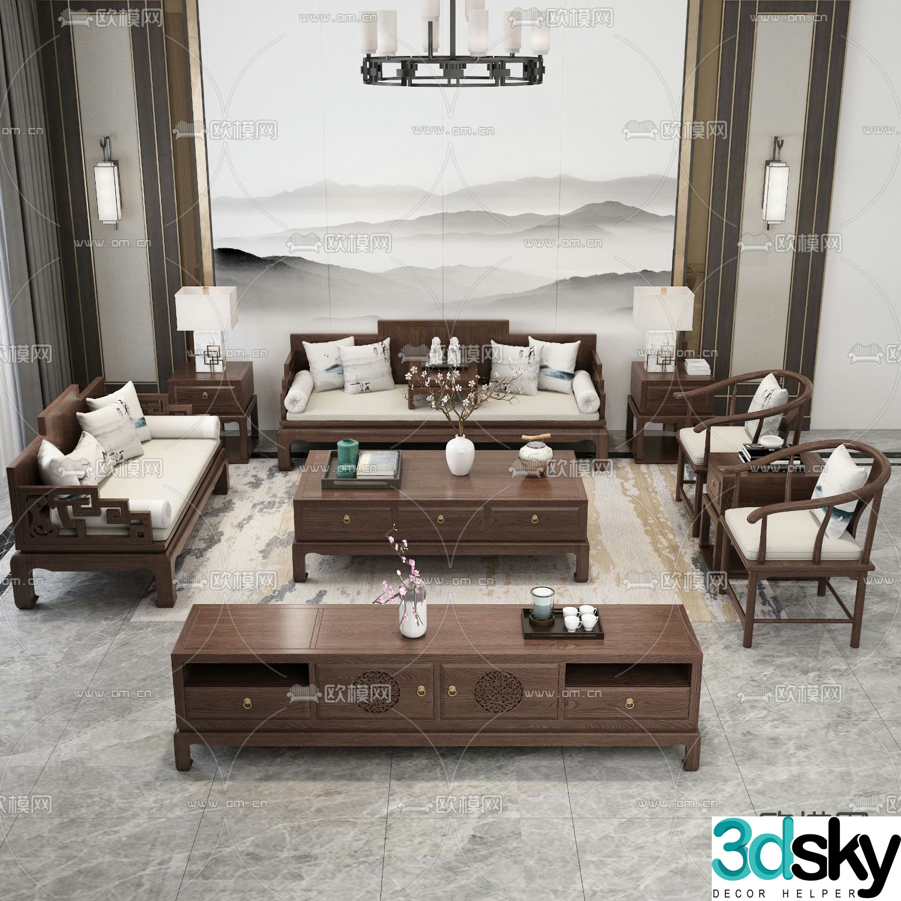 Chinese style living room modular sofa 3d model