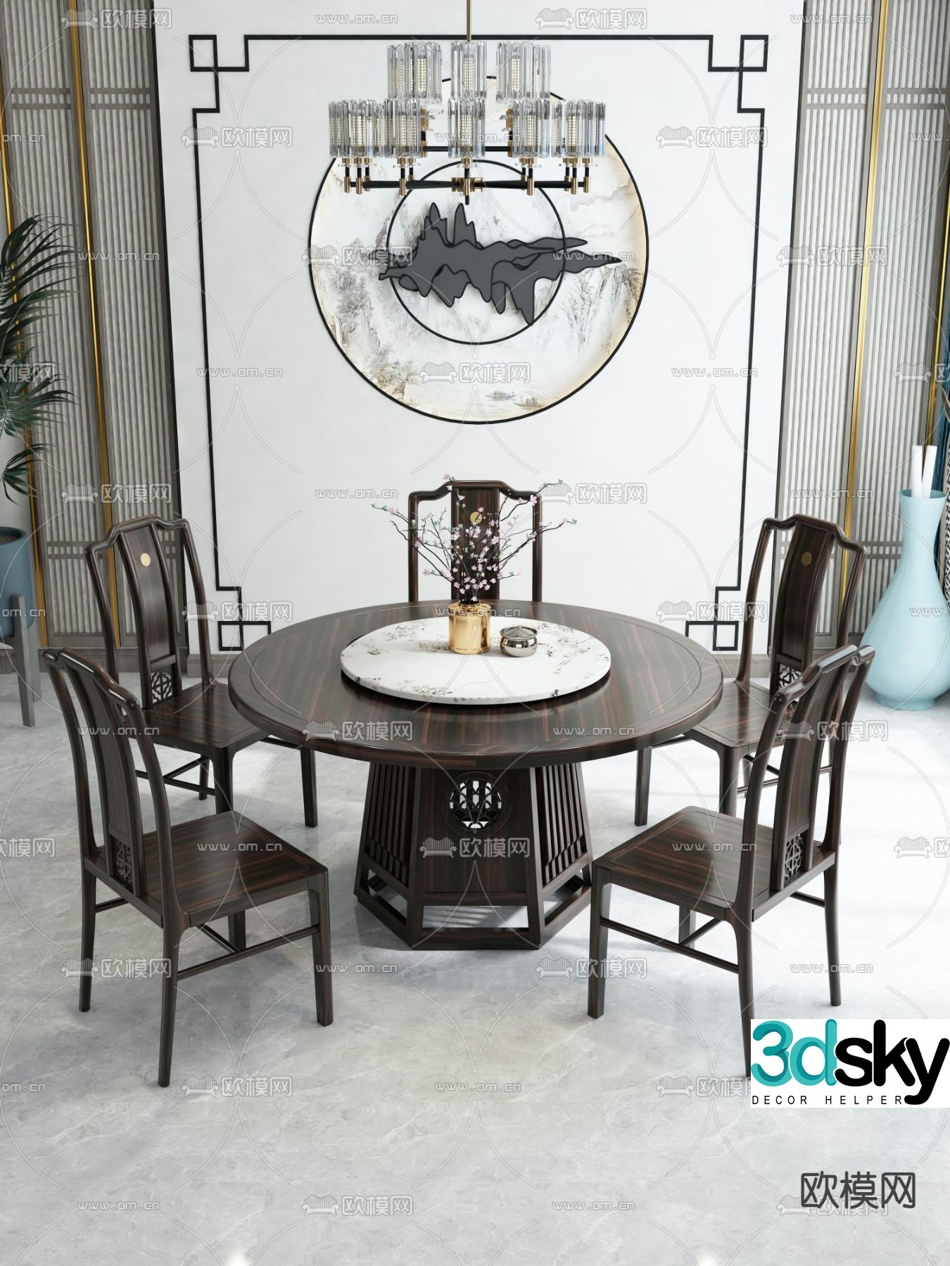 Chinese dining table and chairs round dining table 3d model