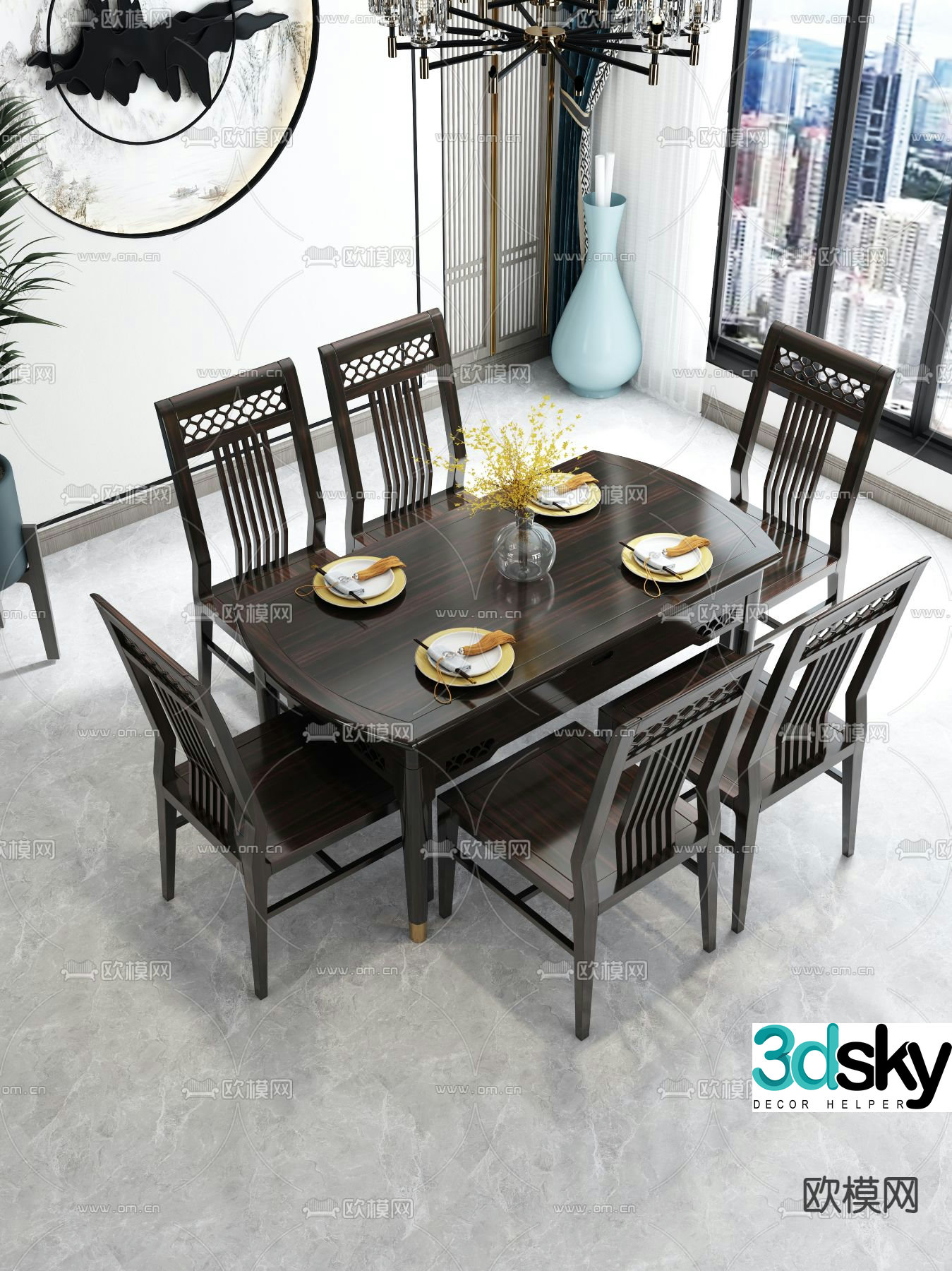 Chinese dining table and chairs mahogany dining table 3D model