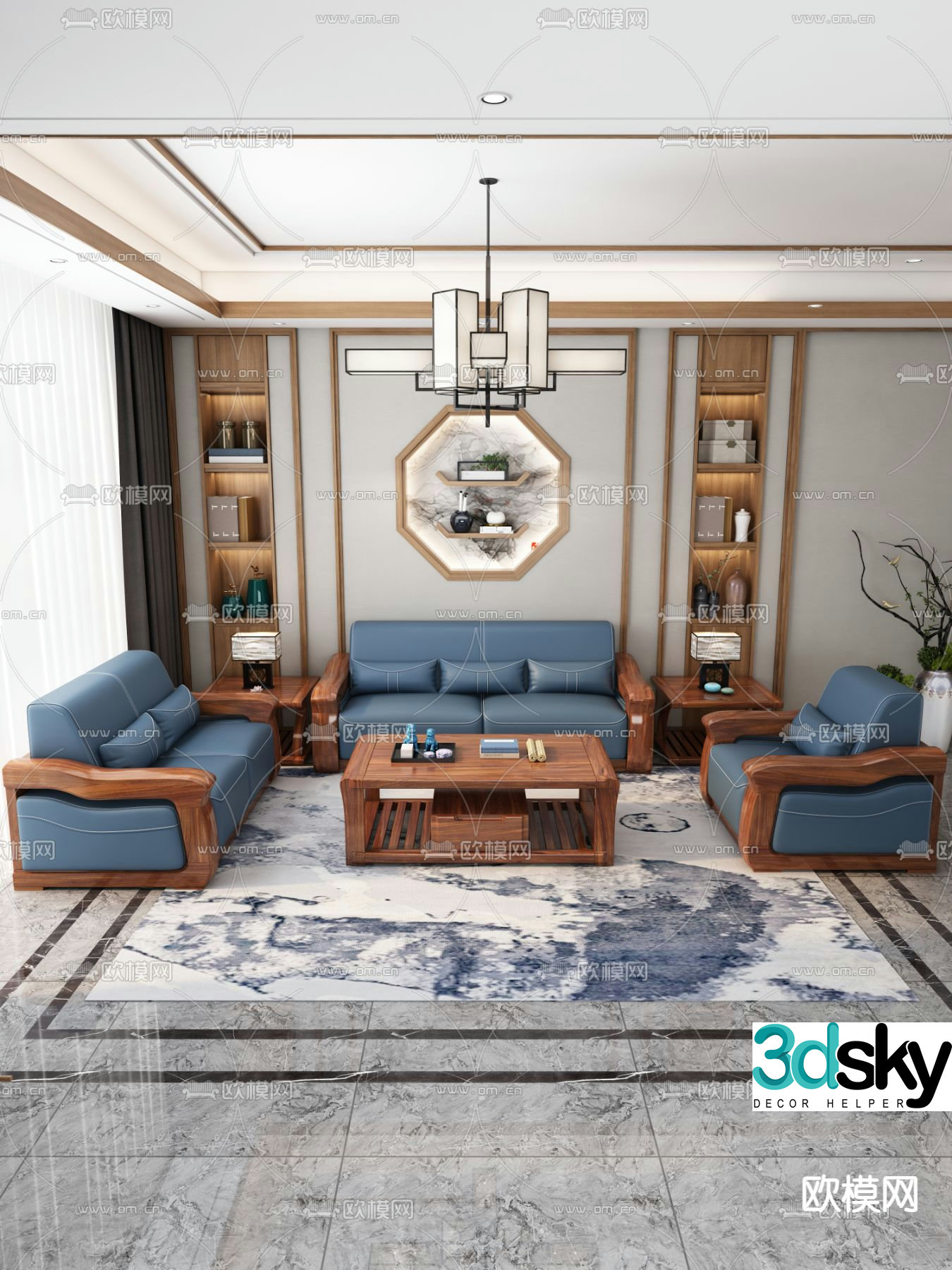 Chinese style modular sofa living room 3d model