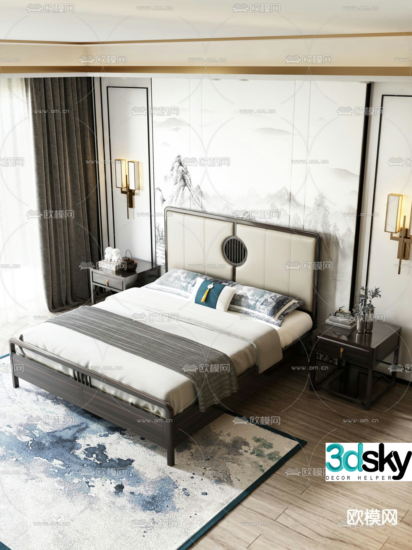 Chinese double bed 3d model