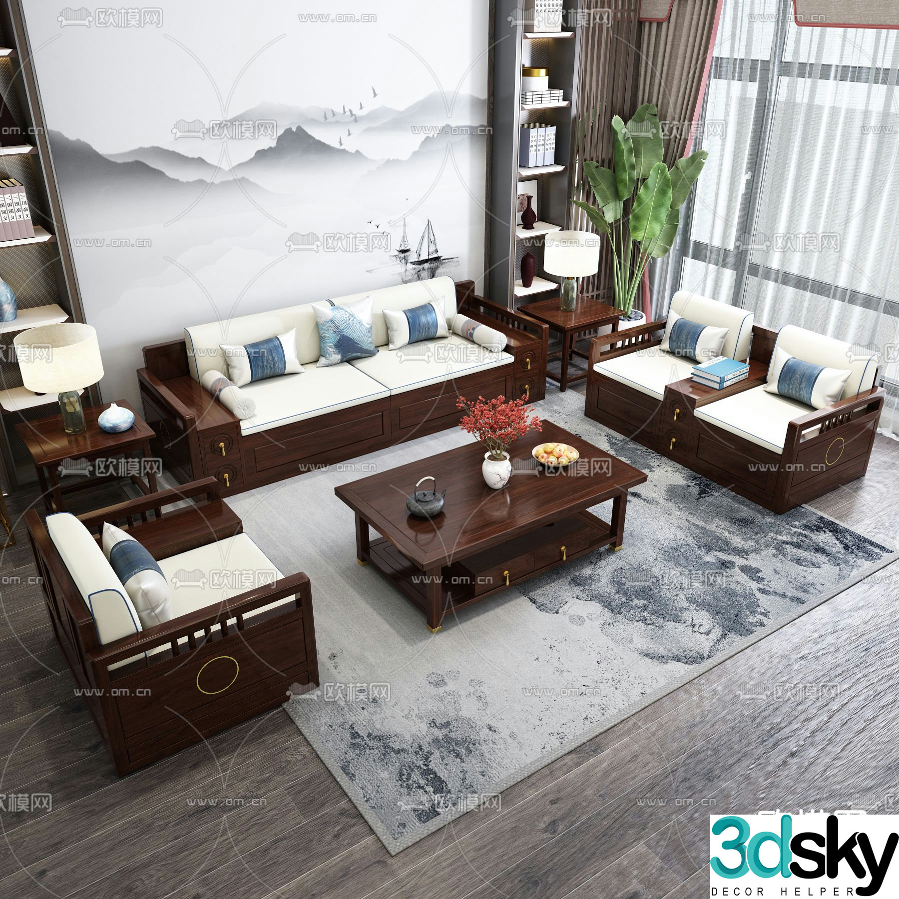 Chinese style living room modular sofa 3d model