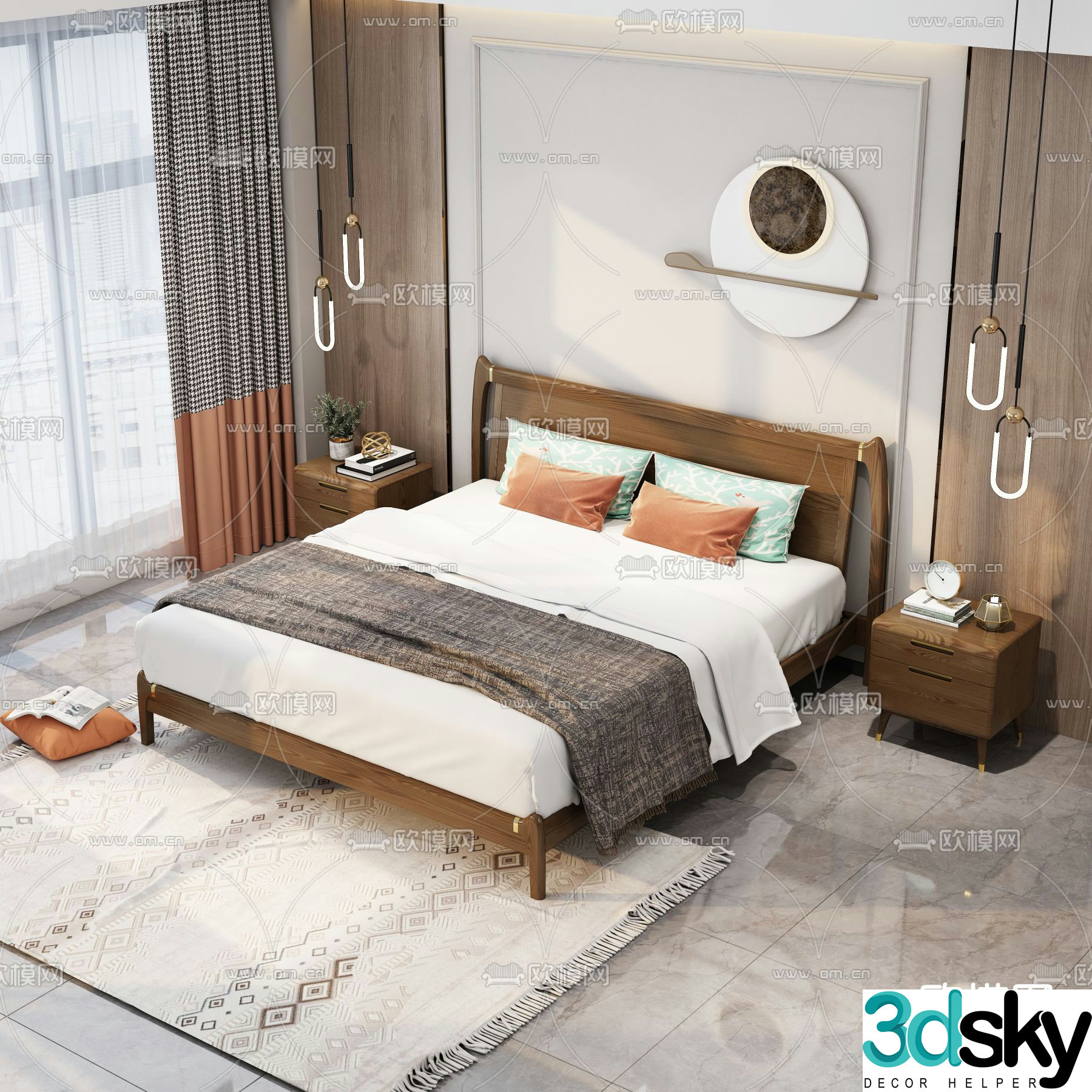 Modern double bed solid wood bed 3d model