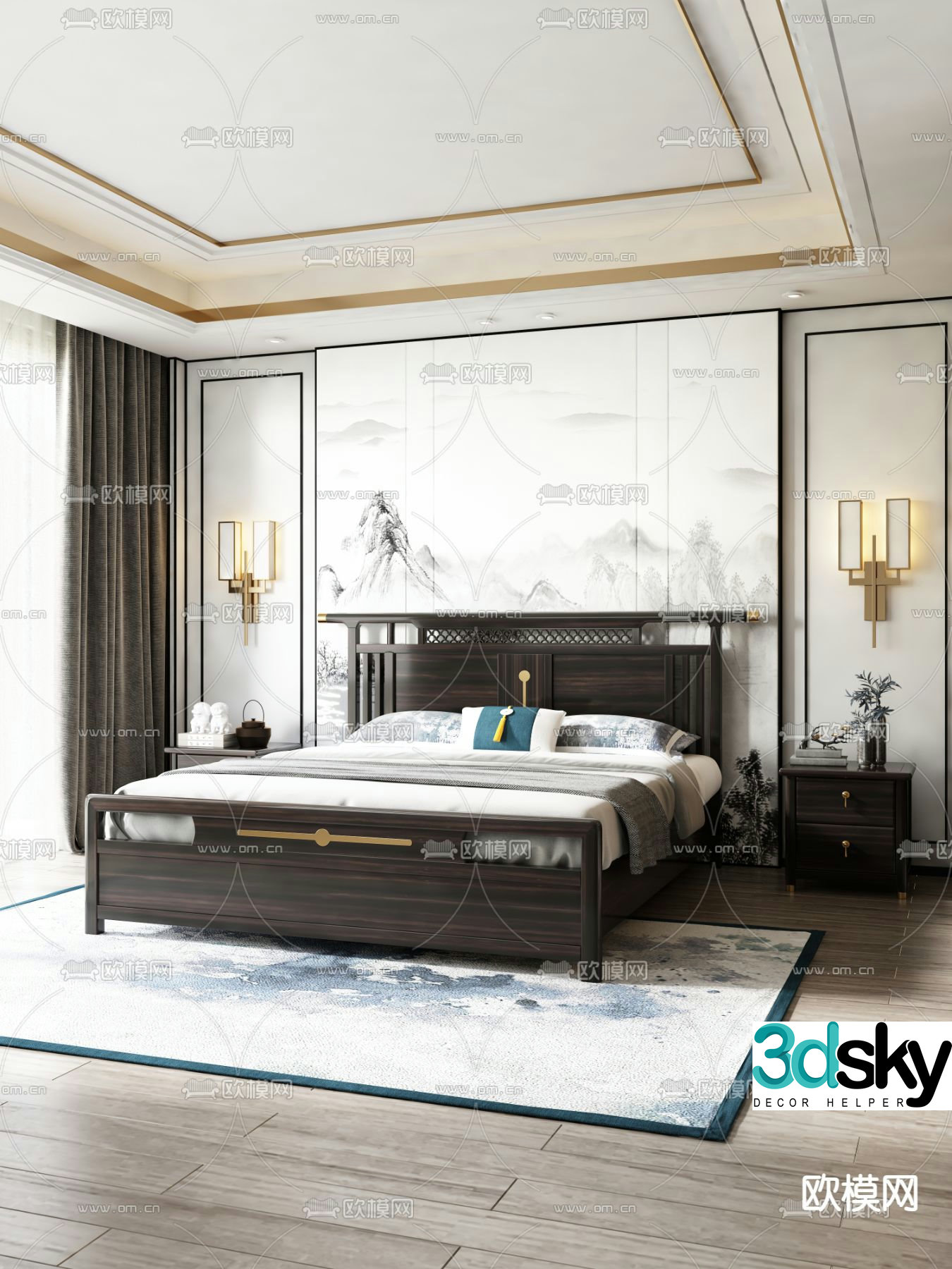 Chinese double bed 3d model