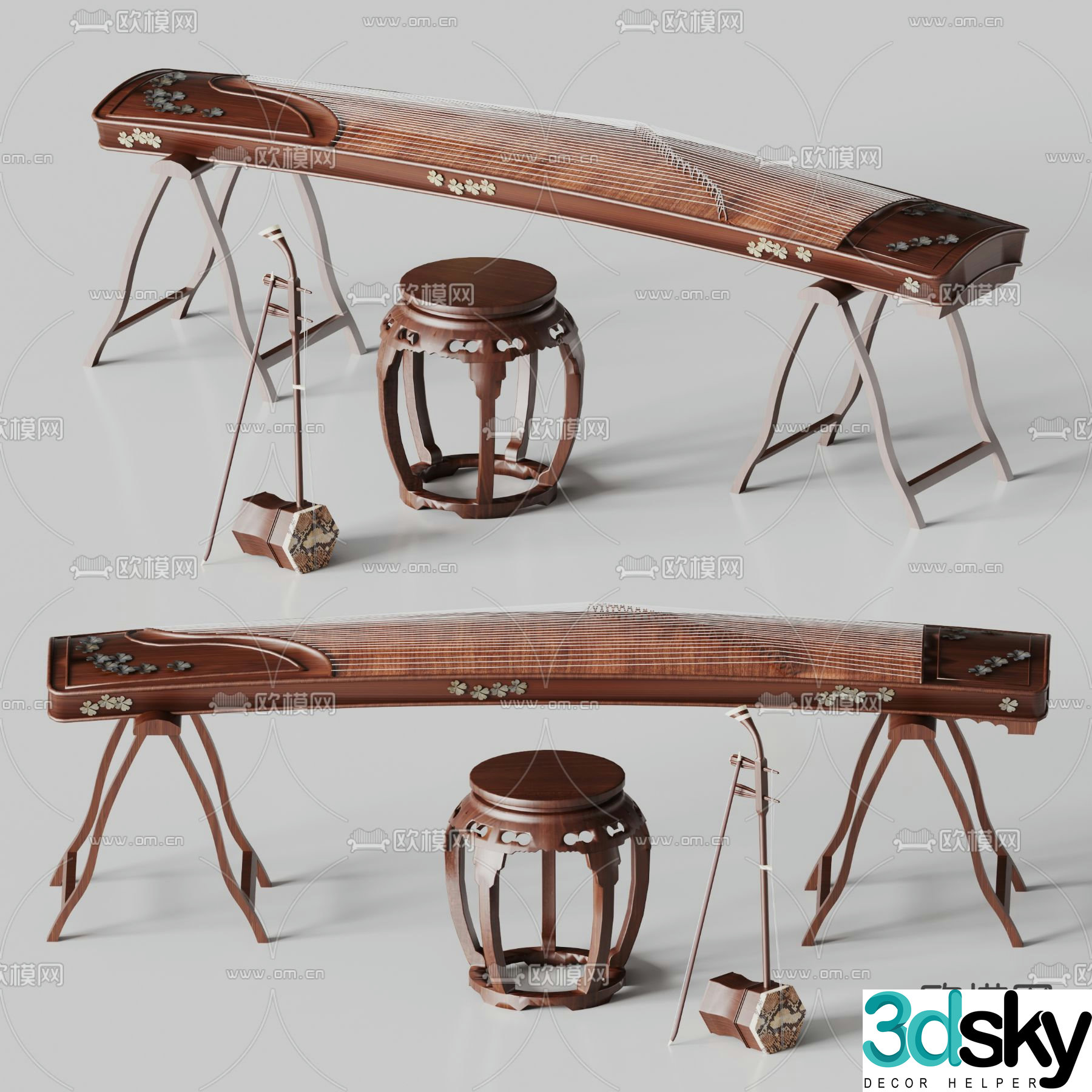 Classical musical instrument guzheng guqin erhu 3d model