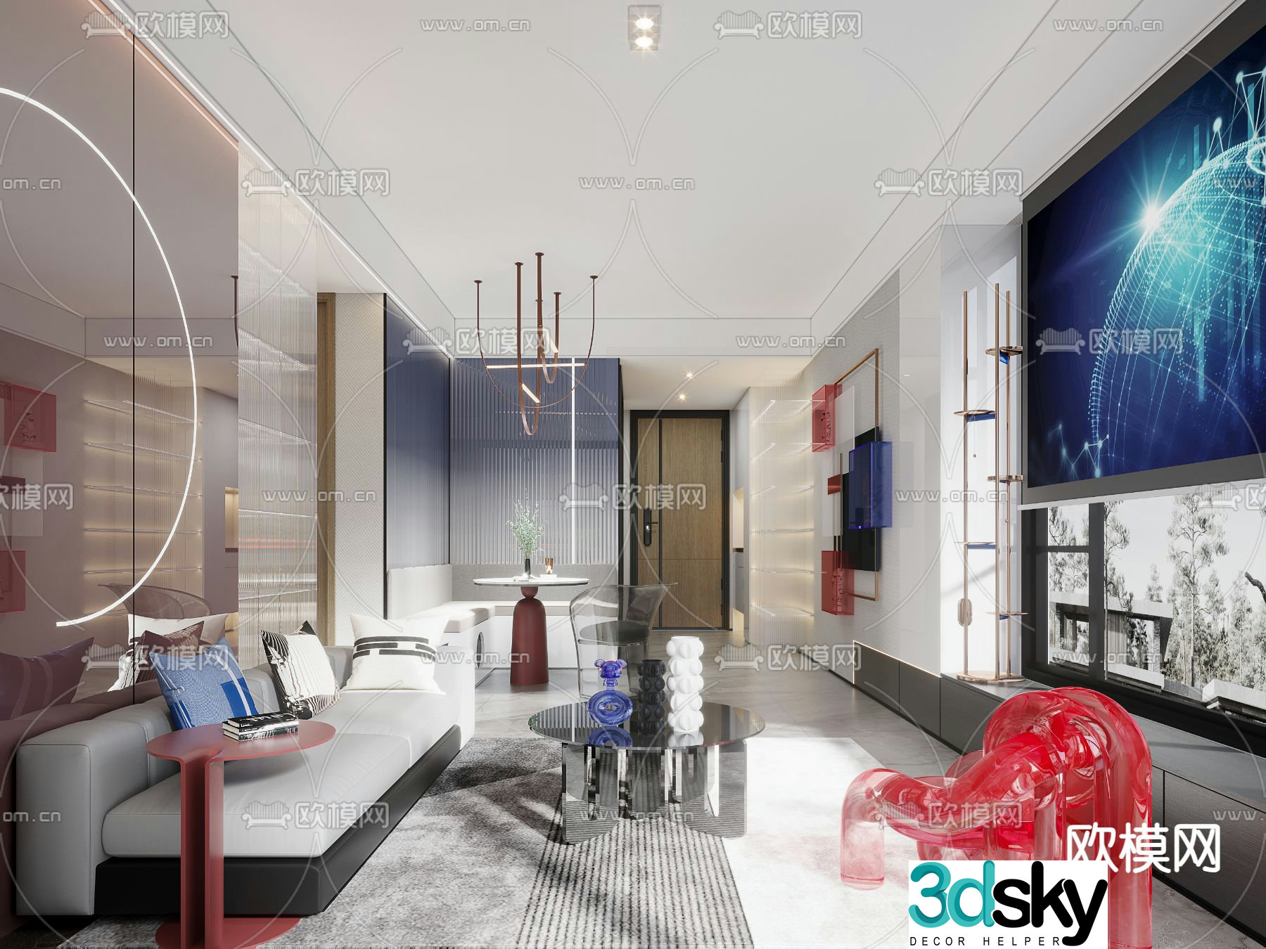 Modern living and dining room 3d model
