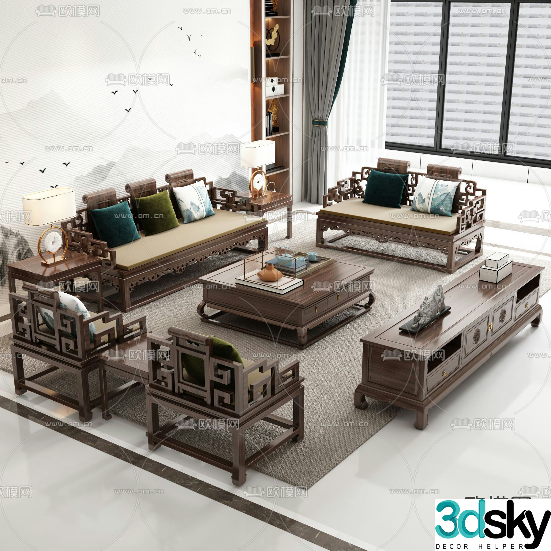 Chinese style modular sofa living room 3d model