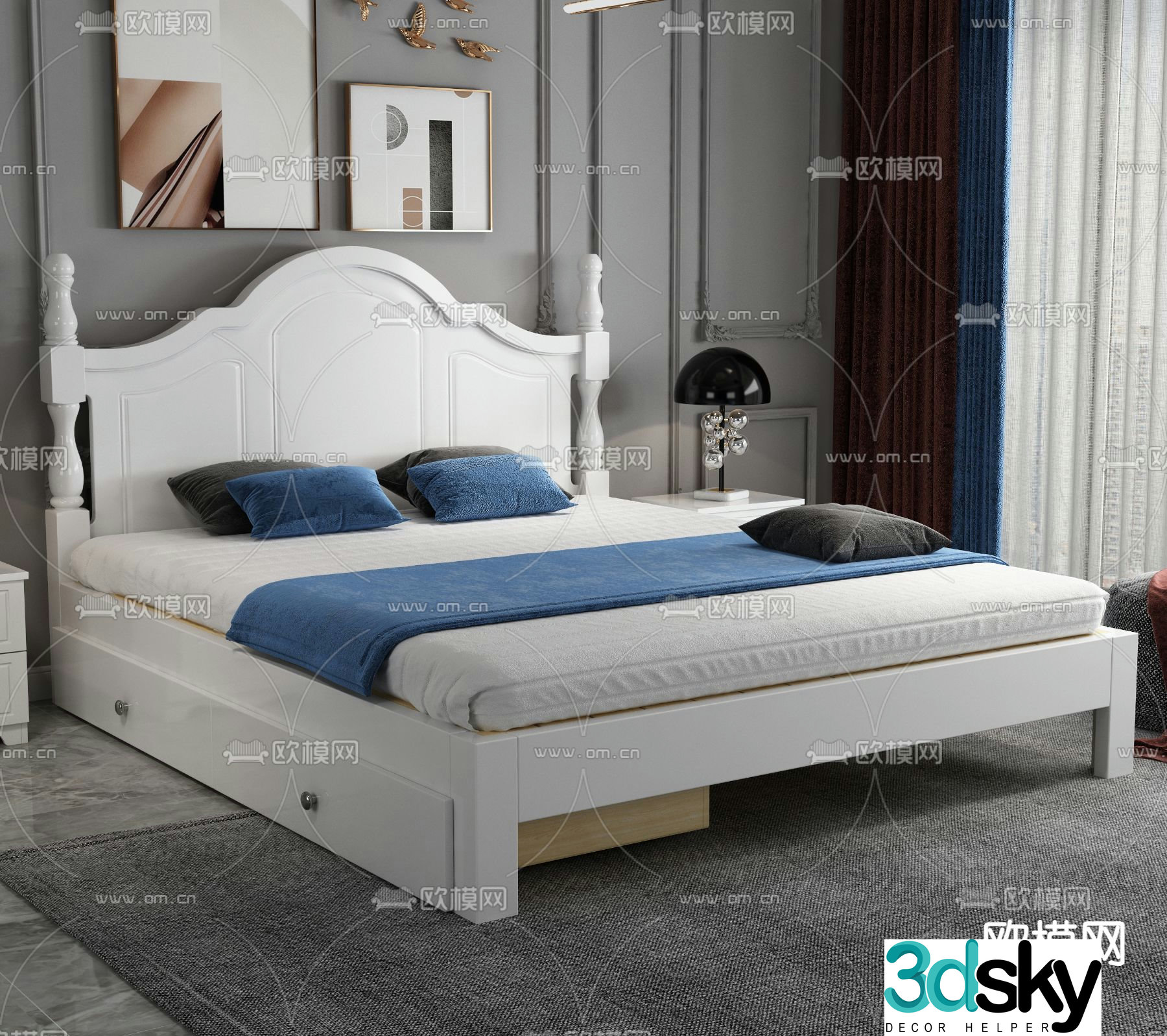 Simple European double bed 3d model
