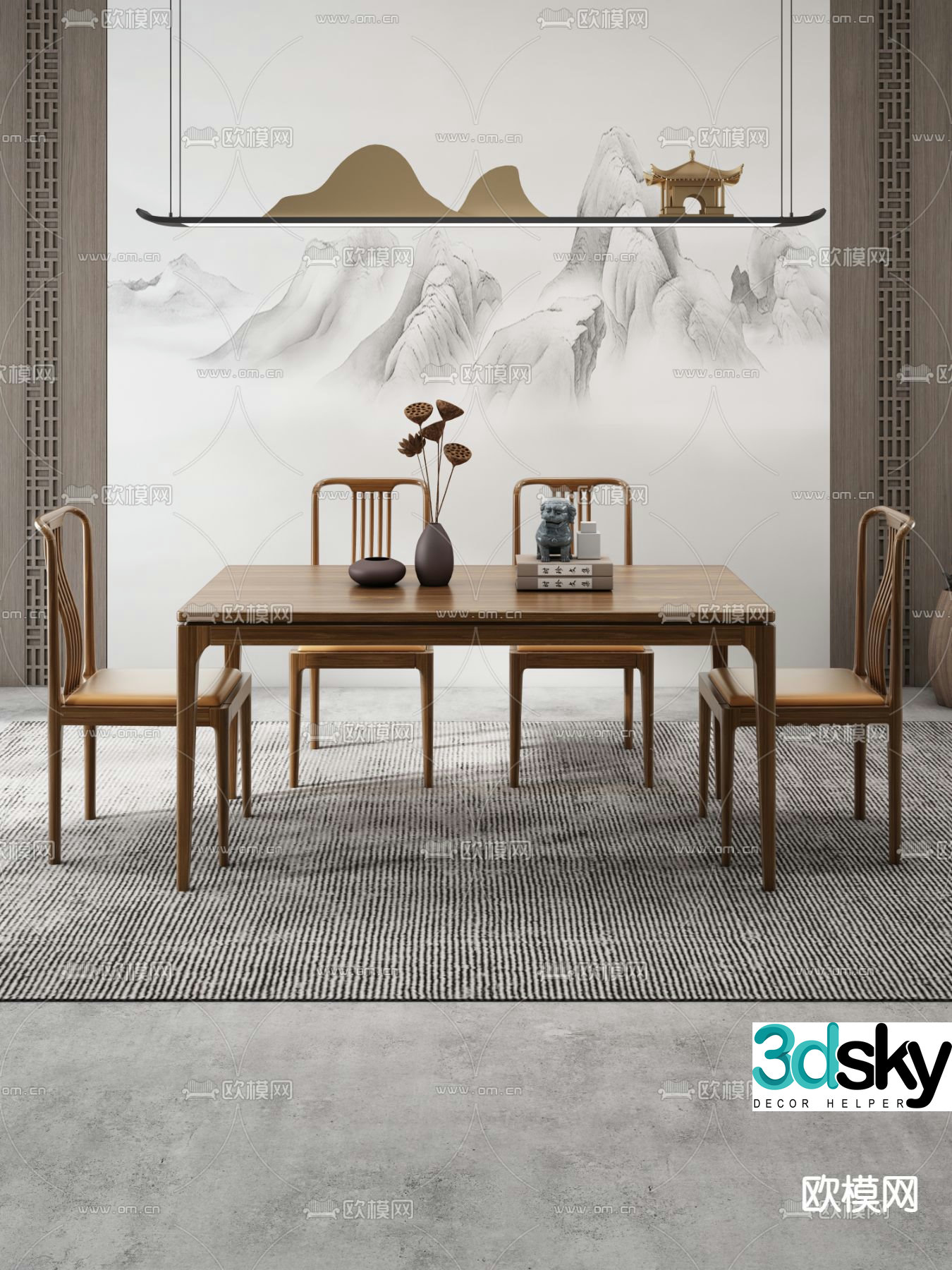 New Chinese style dining table and chairs log dining table 3d model