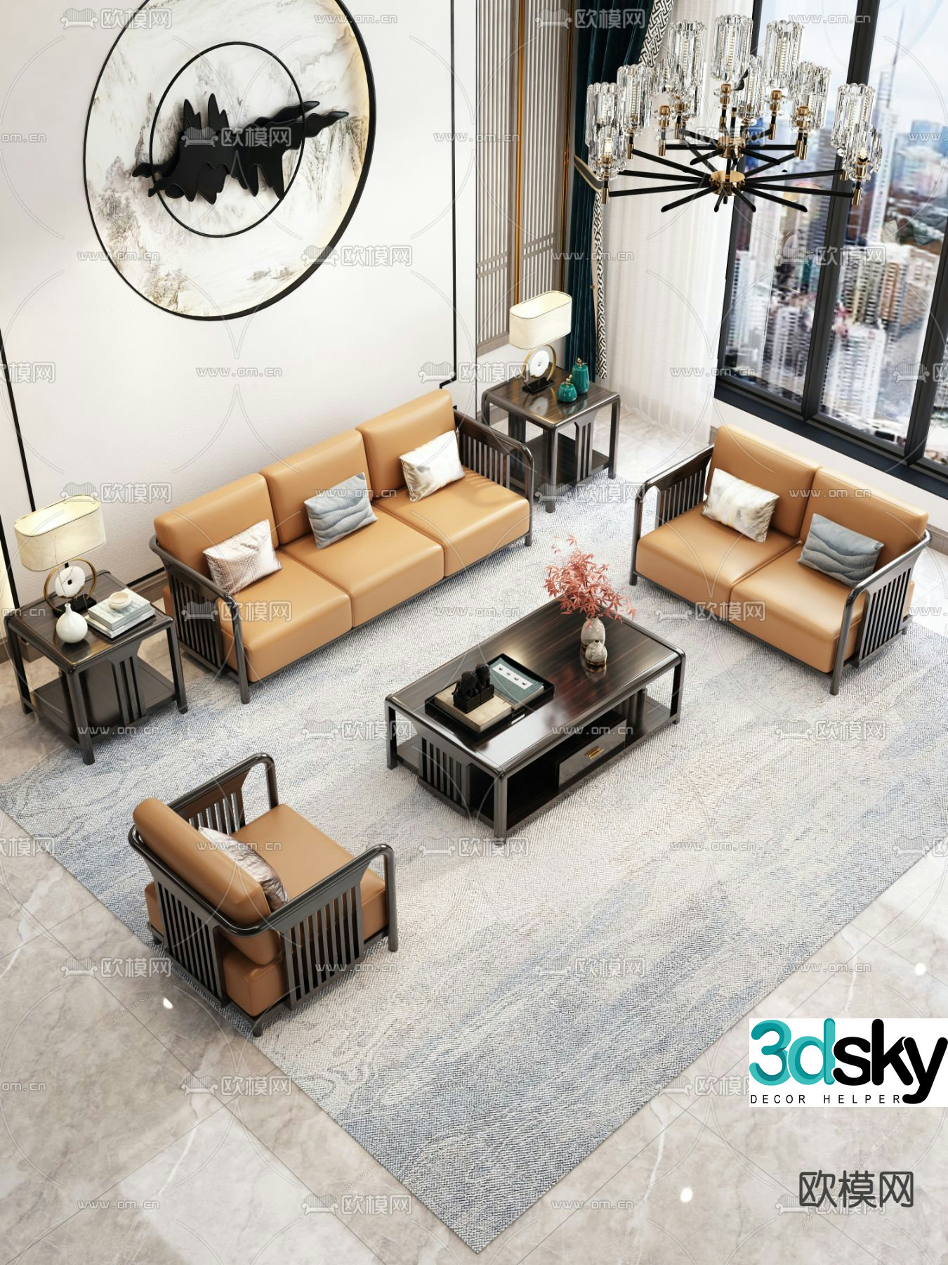 Chinese style modular sofa living room 3d model