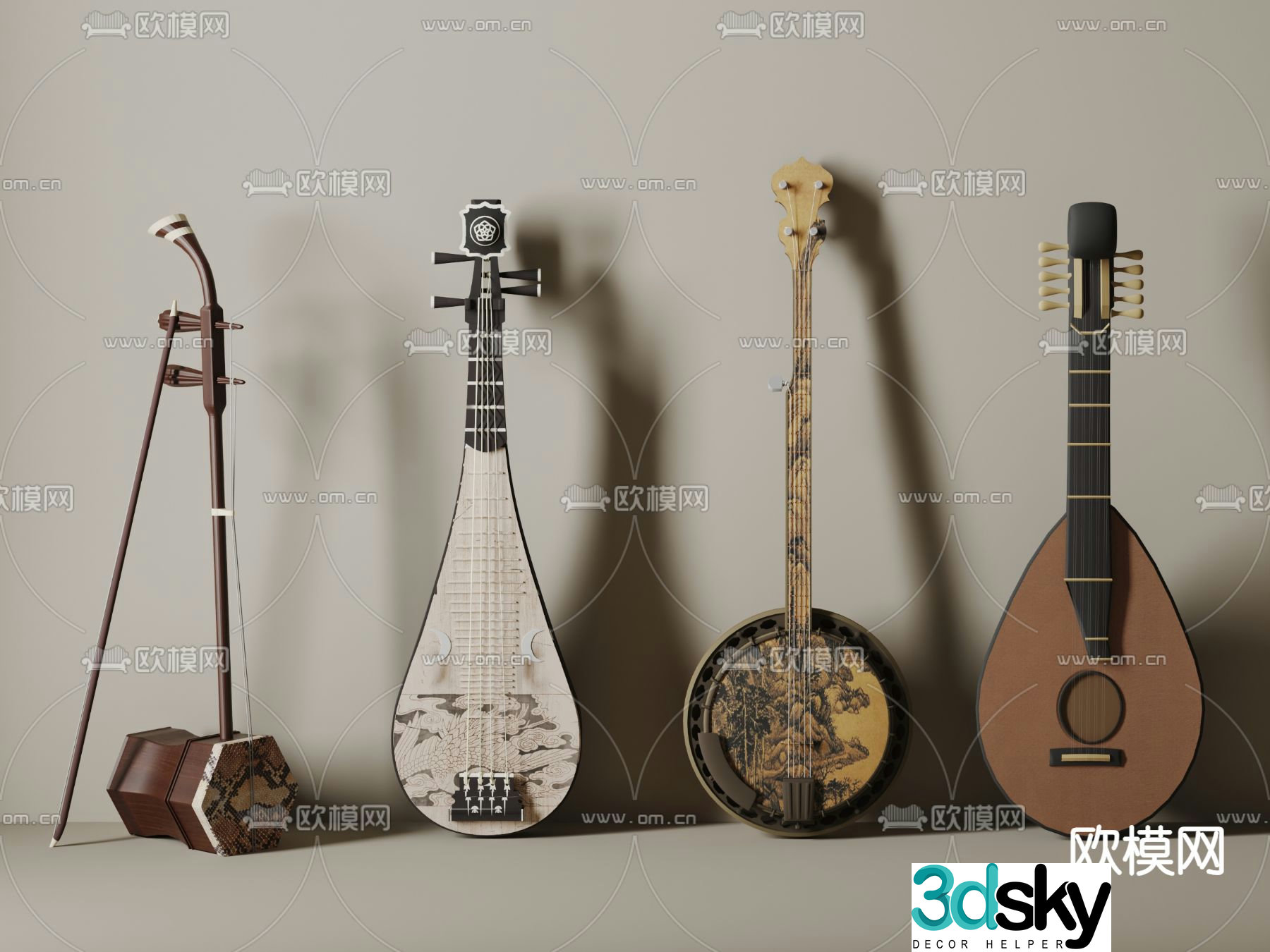 Classical musical instrument pipa erhu huqin 3d model