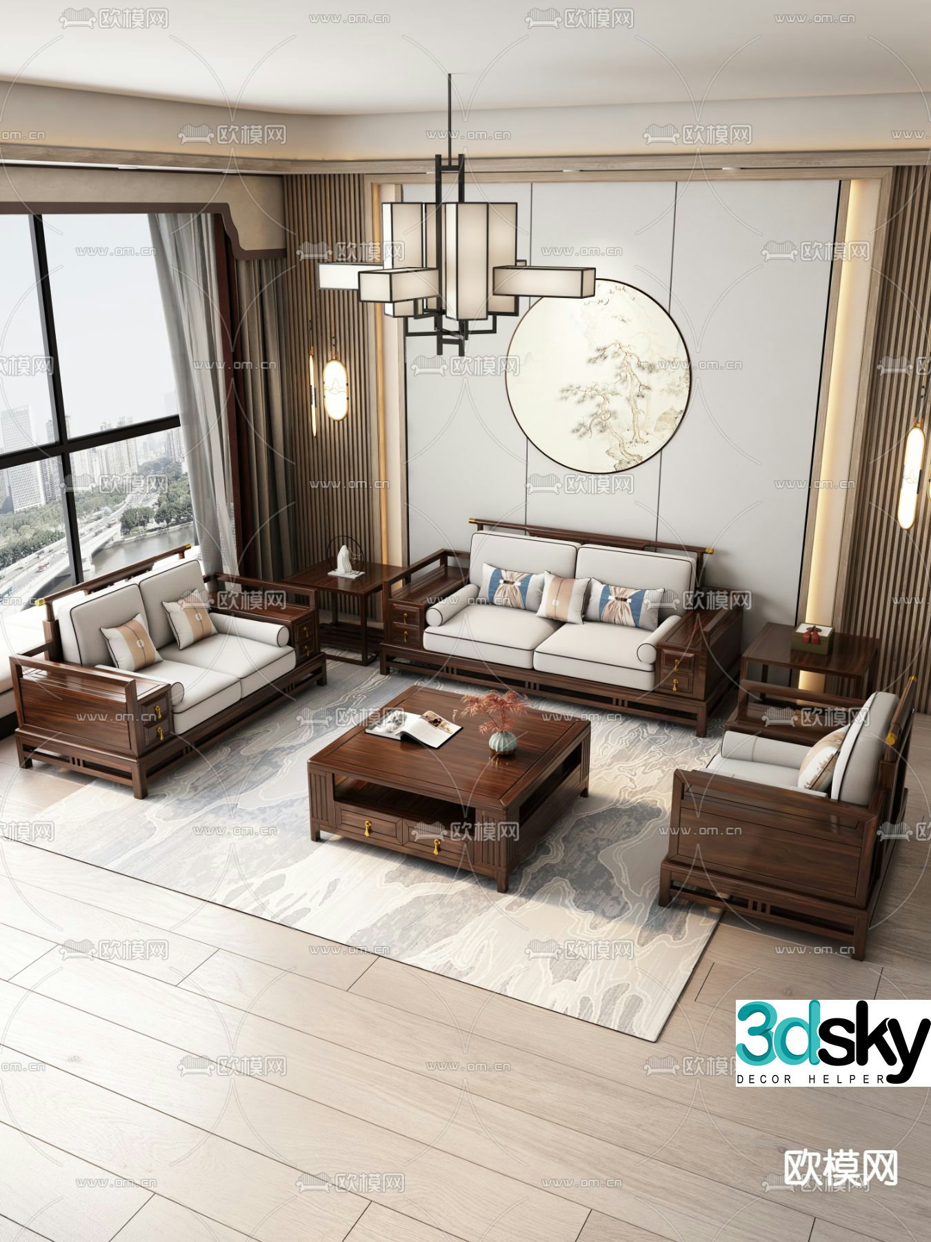 Chinese style modular sofa living room 3d model