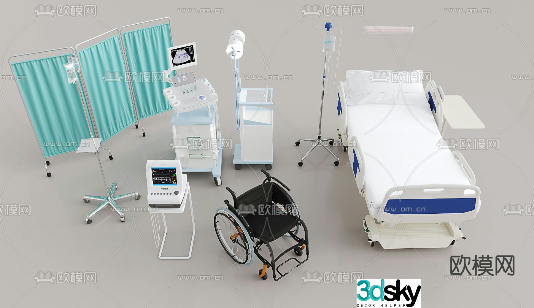 hospital bed wheelchair monitoring instrument medical equipment 3d model