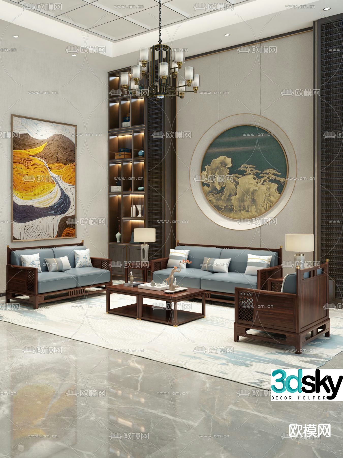 Chinese style modular sofa living room 3d model