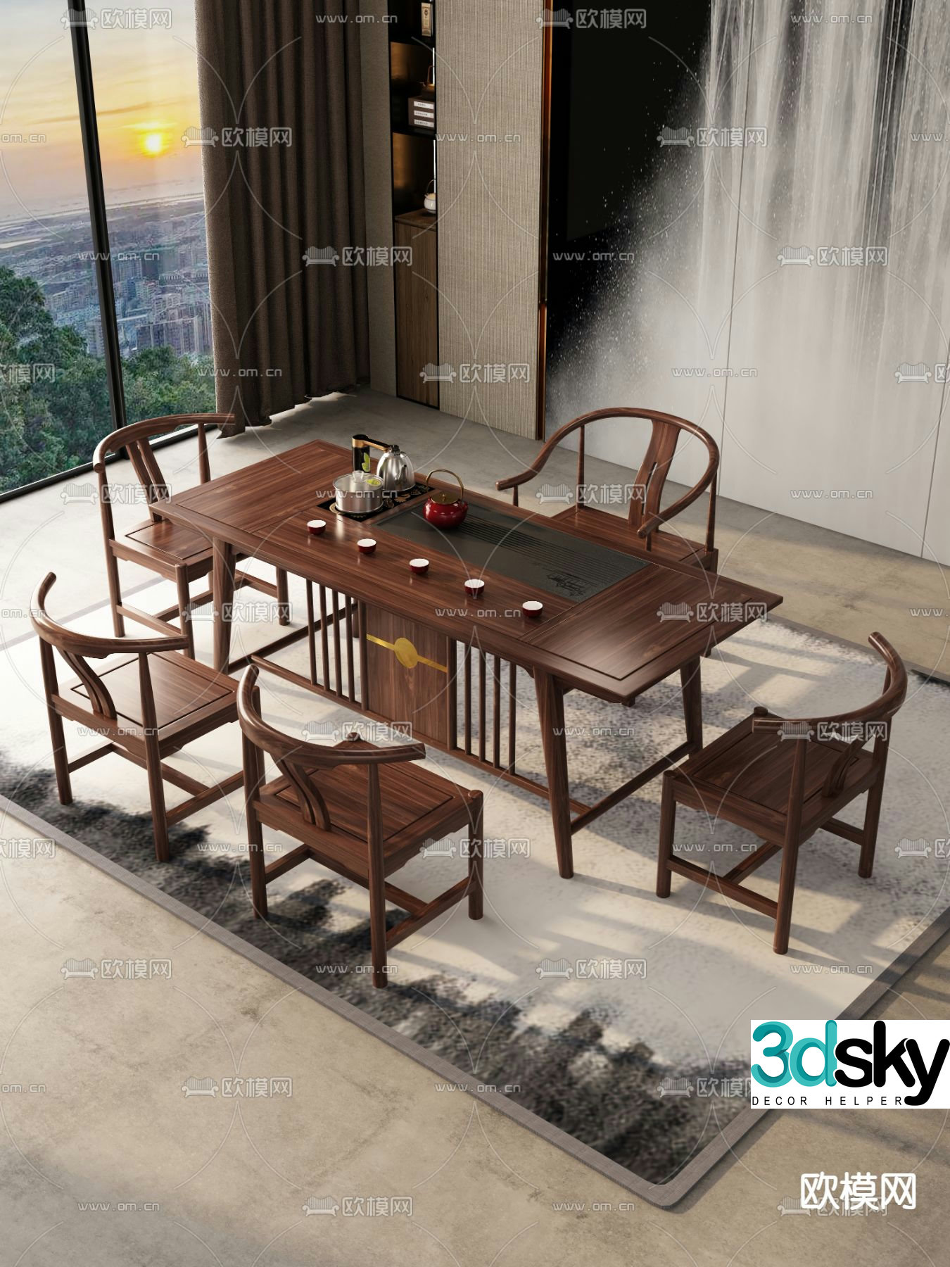 Chinese tea table and chairs tea table kung fu tea 3d model