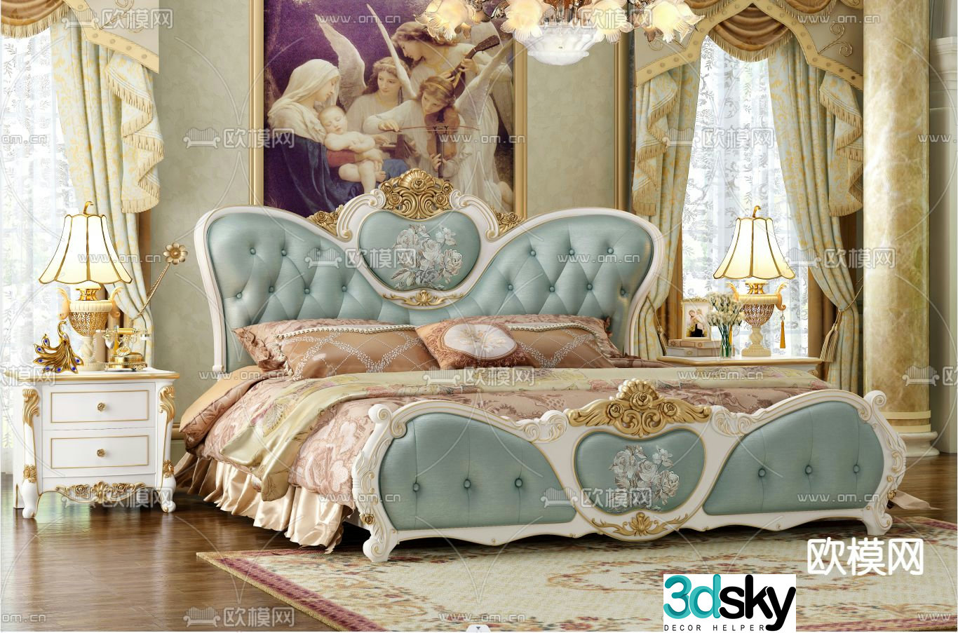 French double bed 3d model