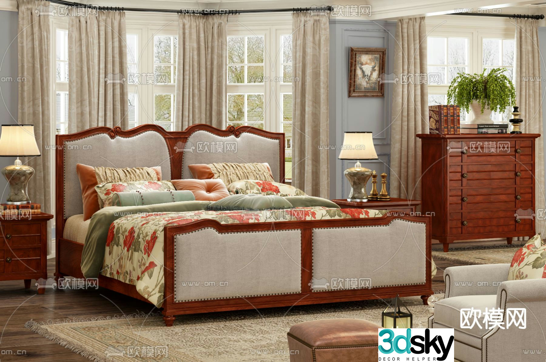 American double bed 3d model