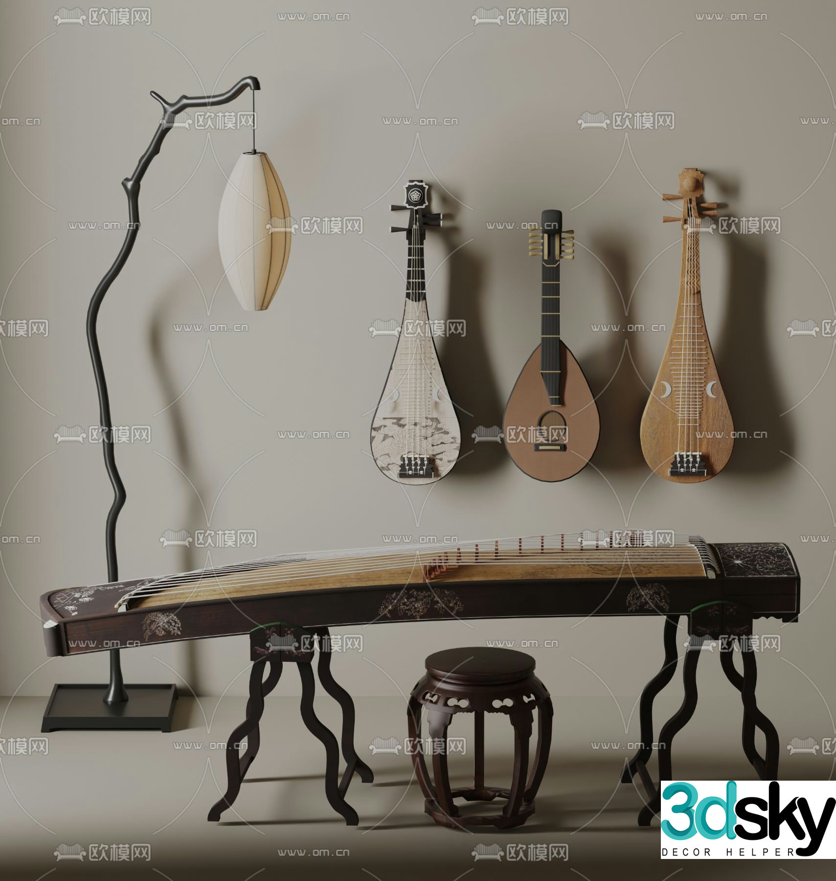 Classical musical instruments guzheng pipa guqin erhu 3d model