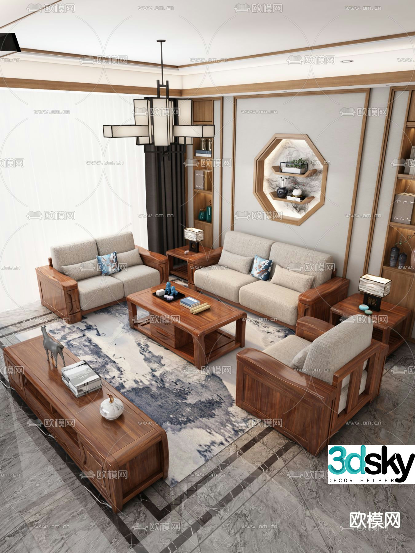 Chinese style modular sofa living room 3d model