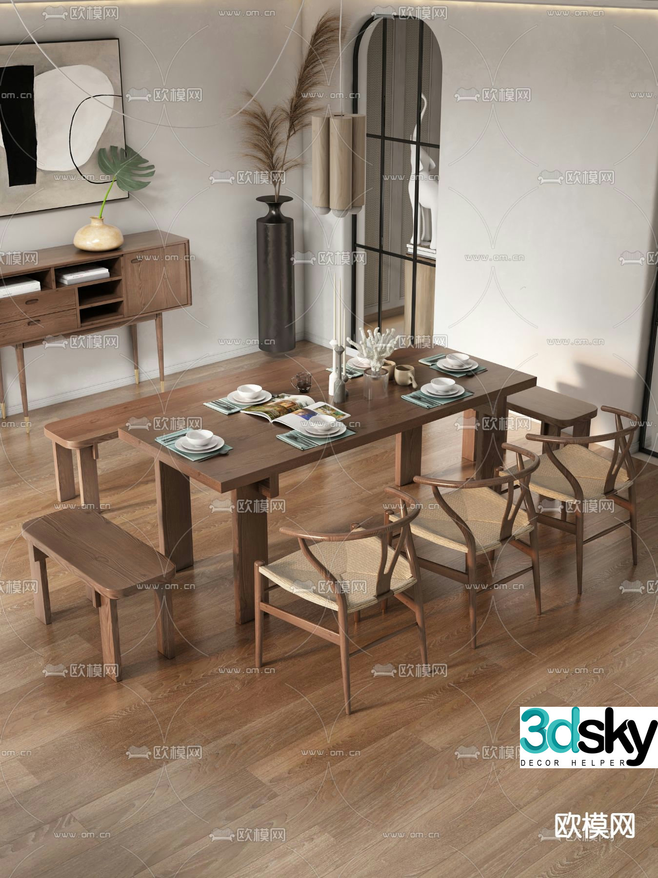 Nordic dining table and chairs log dining table 3d model