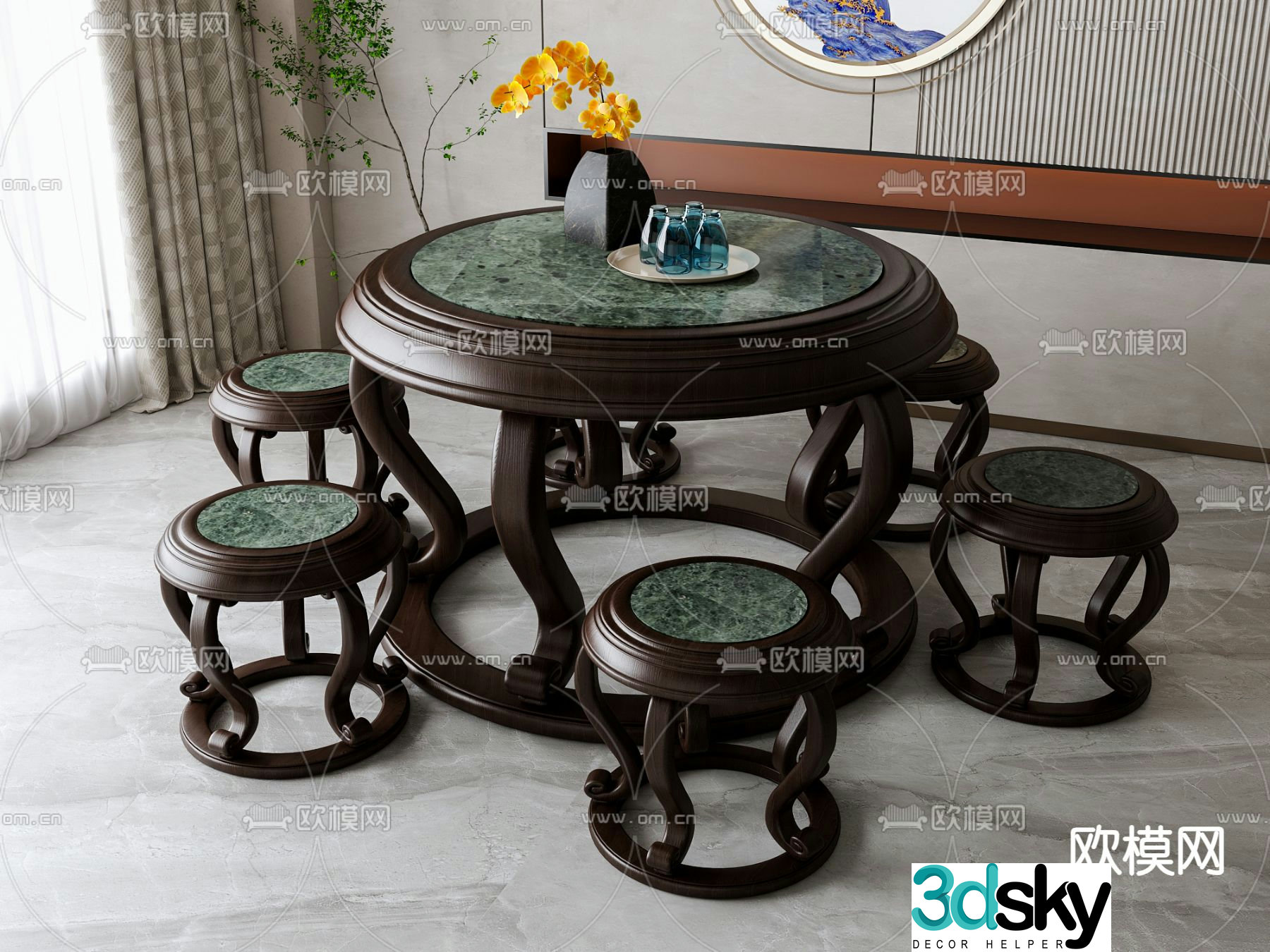 New Chinese Round Dining Table Tea Table Tea Stool 3D Model