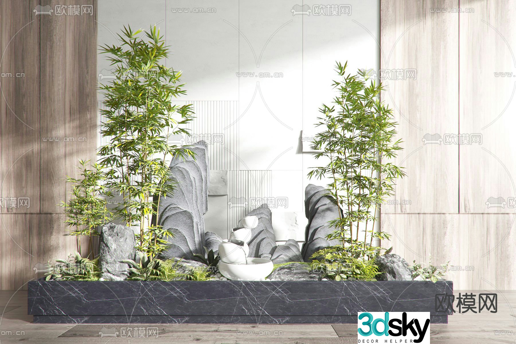 Falling water landscape indoor landscaping bamboo rockery 3D model