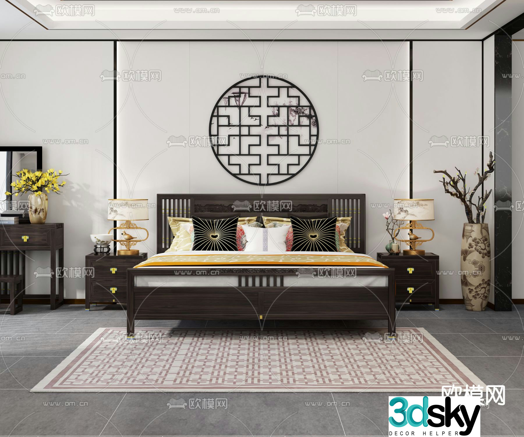 Chinese double bed solid wood bed 3d model