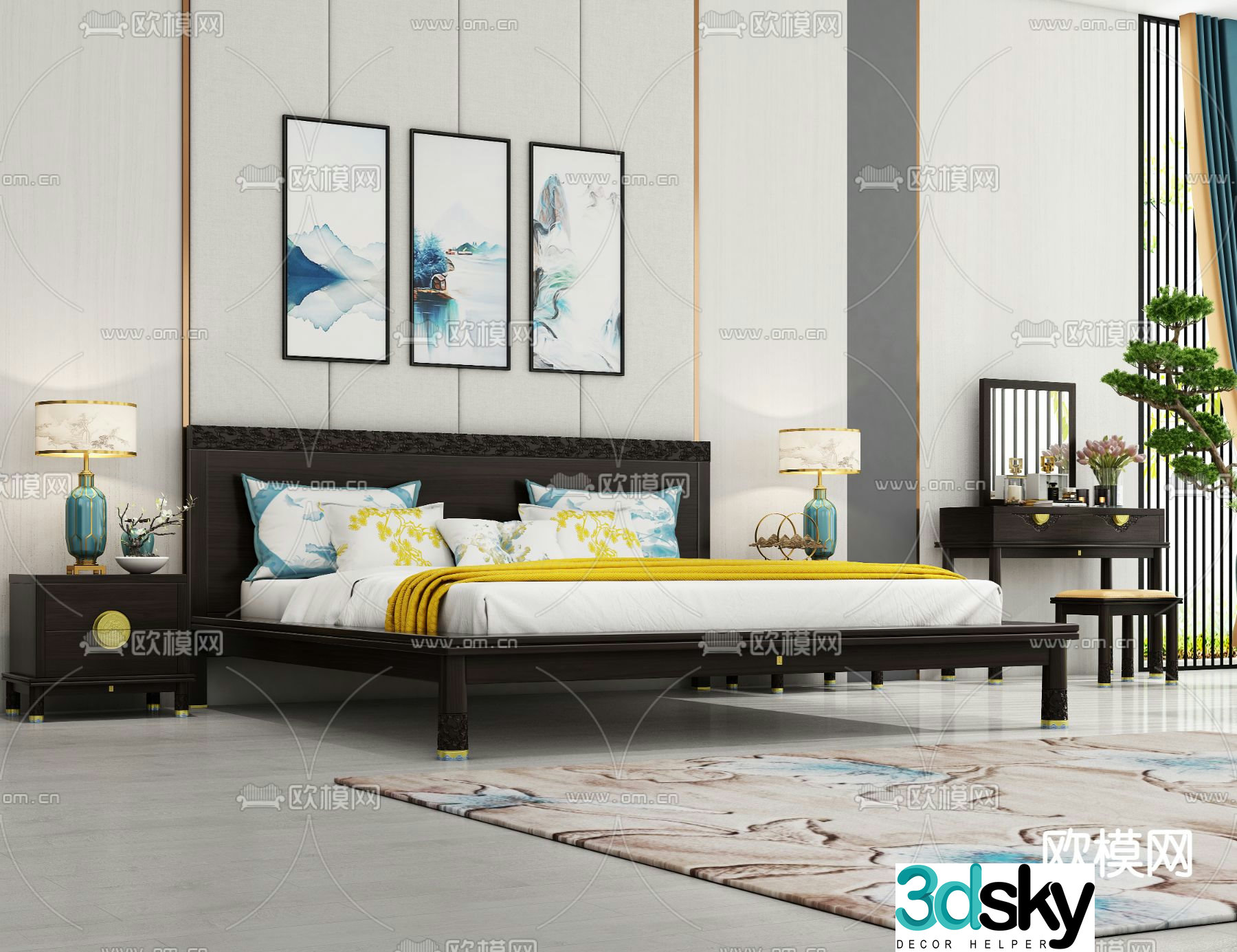 Chinese double bed solid wood bed 3d model