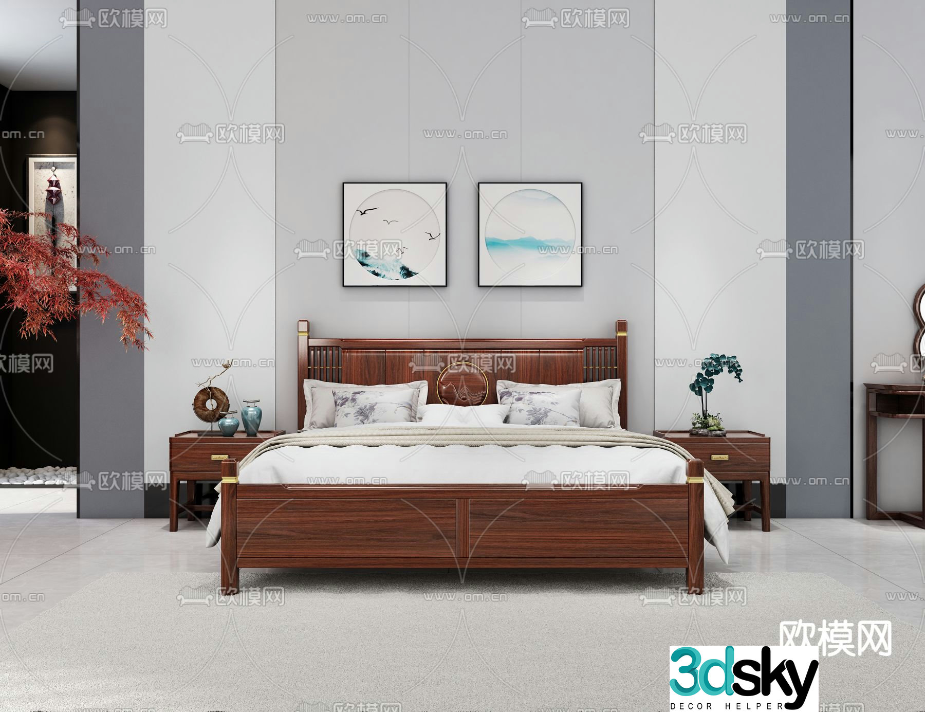 Chinese double bed ebony wood bed 3d model