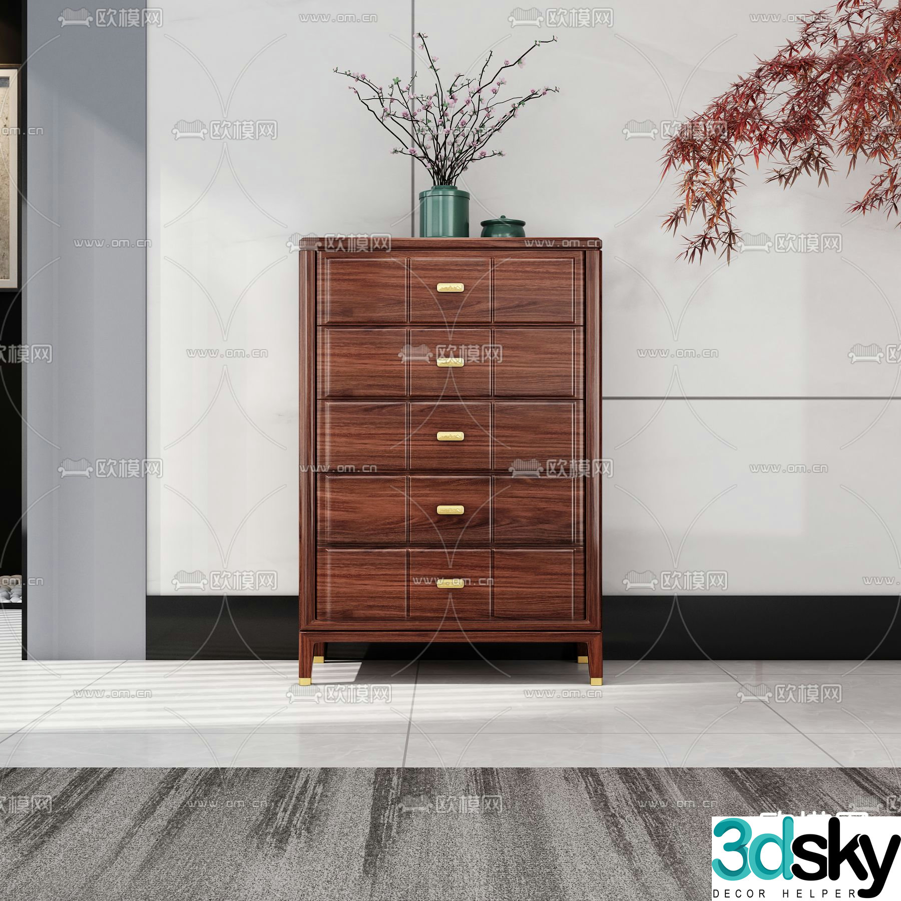 Chinese style chest of drawers side cabinet 3d model