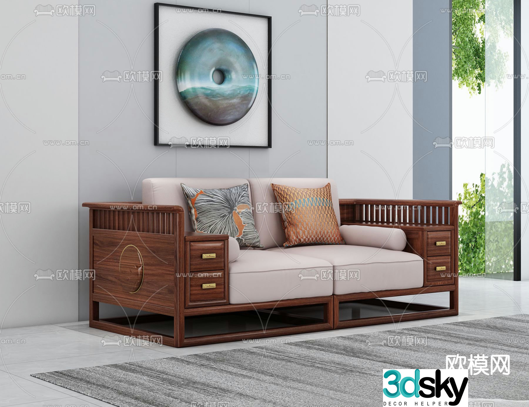 Chinese double sofa solid wood sofa 3d model