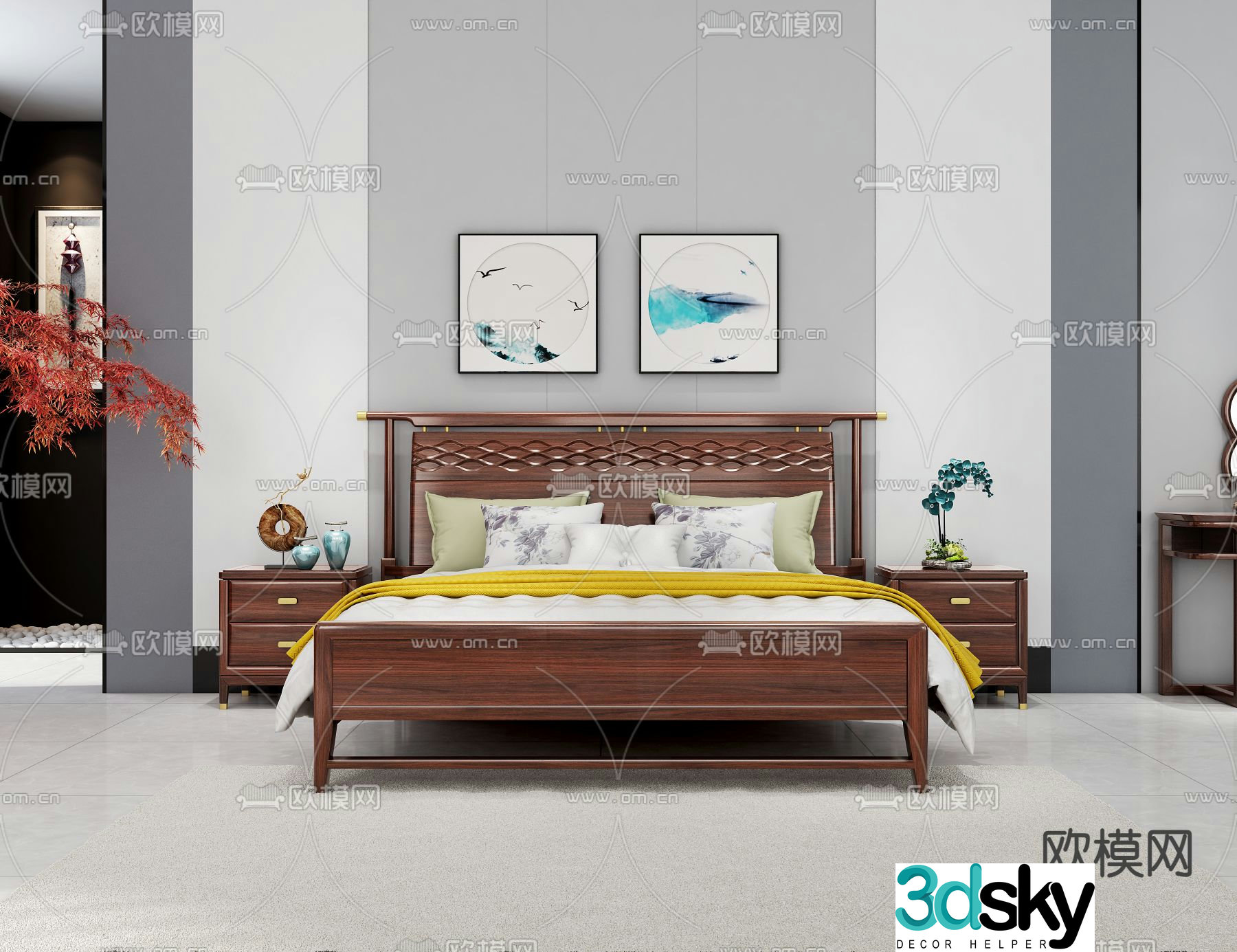 Chinese double bed 3d model