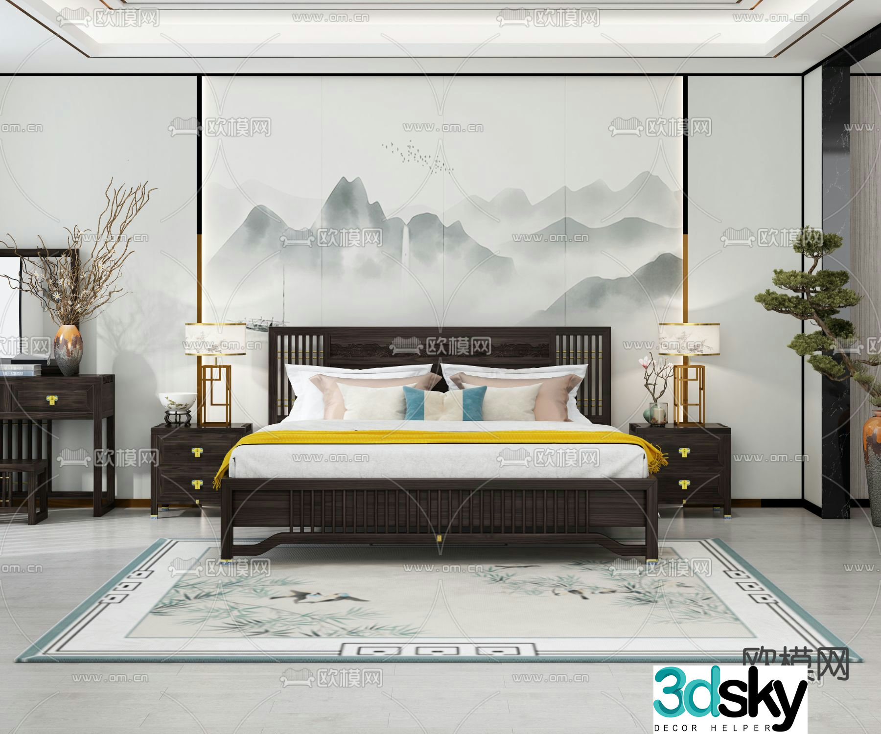 Chinese double bed solid wood bed 3d model