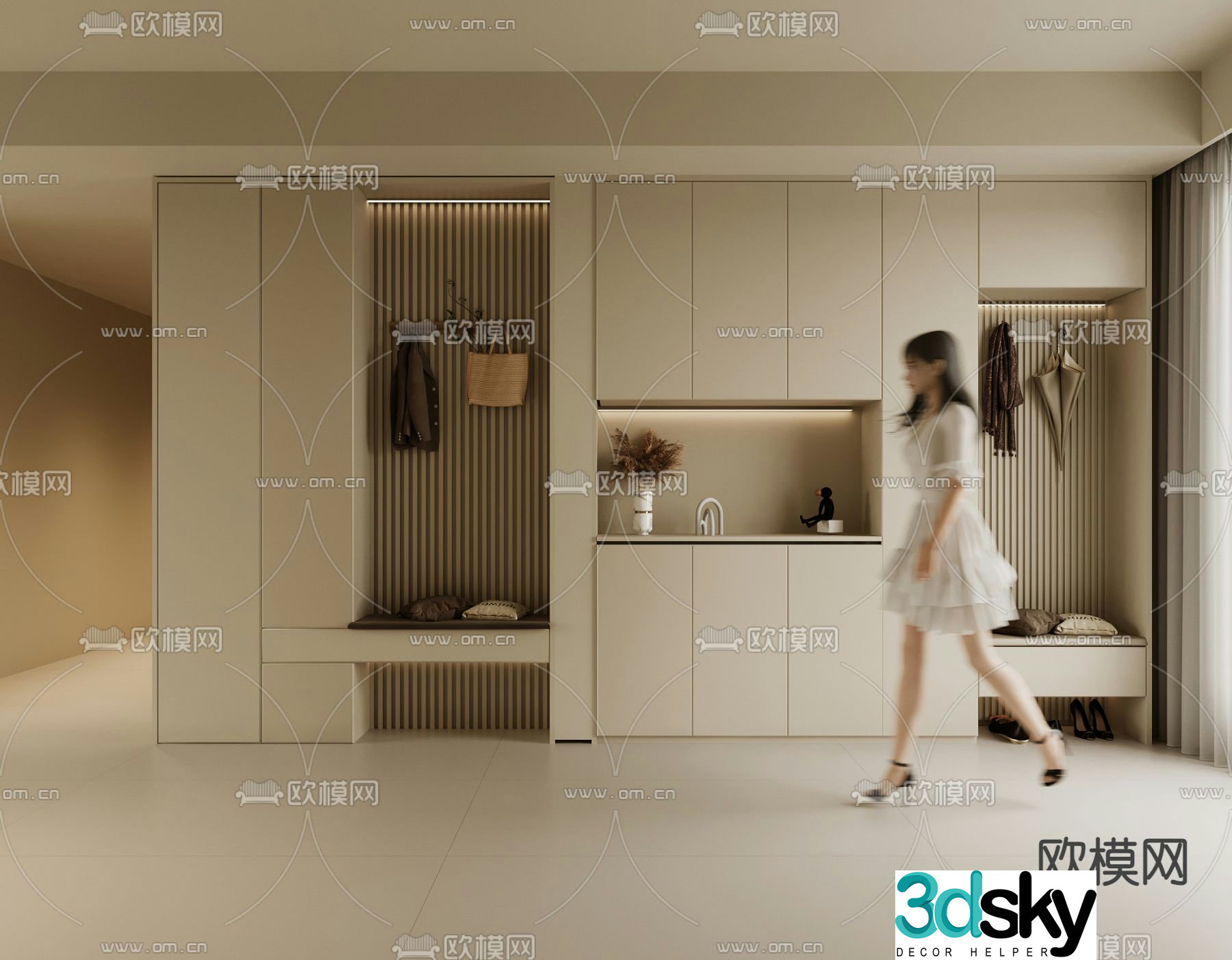 Cream style shoe cabinet 3d model